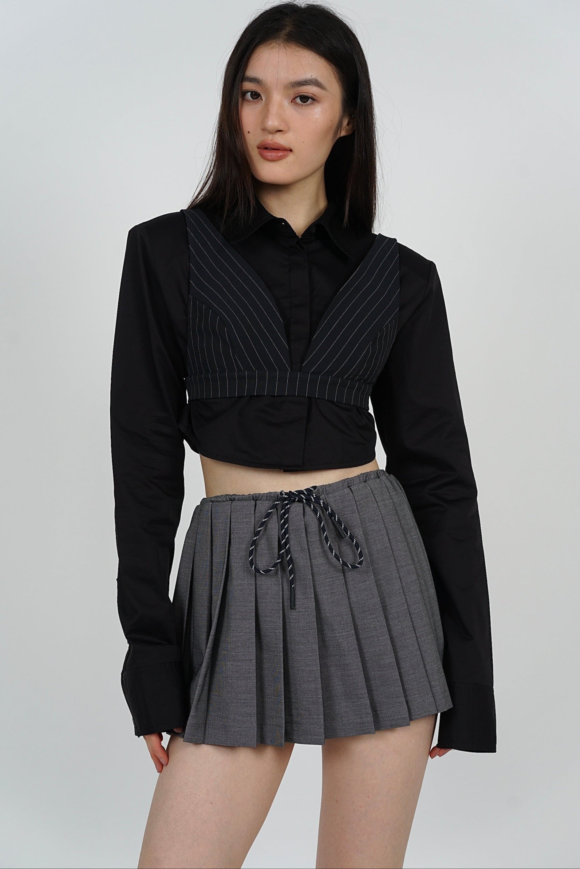 2 in 1 top set - Cropped Collar Shirt +  Bralet Top