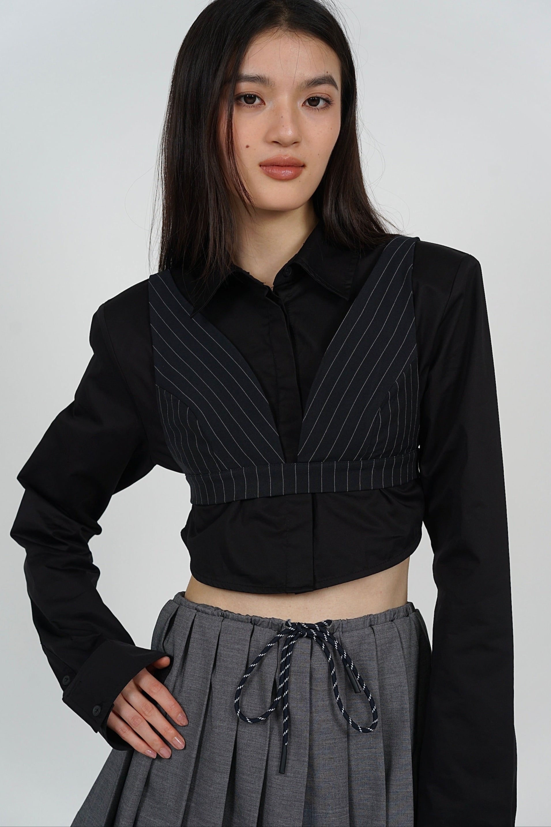 2 in 1 top set - Cropped Collar Shirt +  Bralet Top