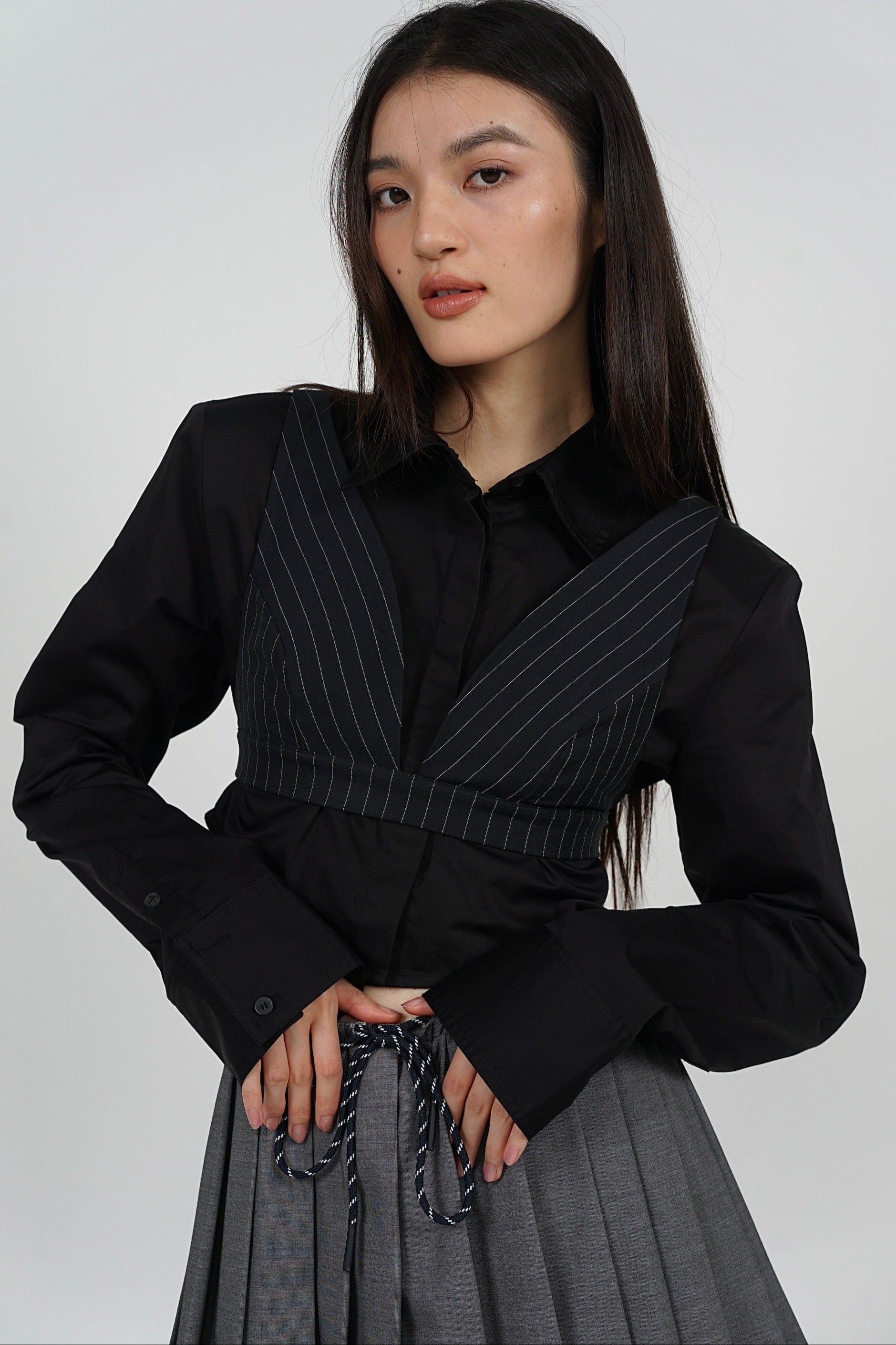 2 in 1 top set - Cropped Collar Shirt +  Bralet Top