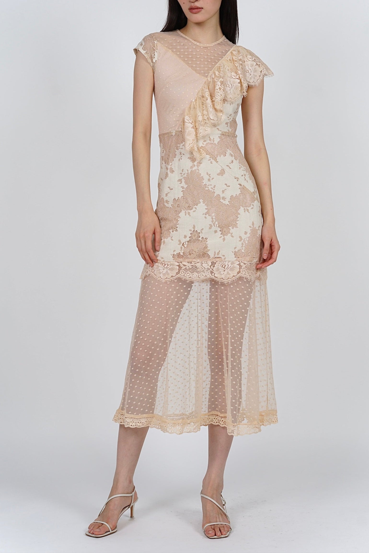 Lensie Ruffled Lace Dress in Nude