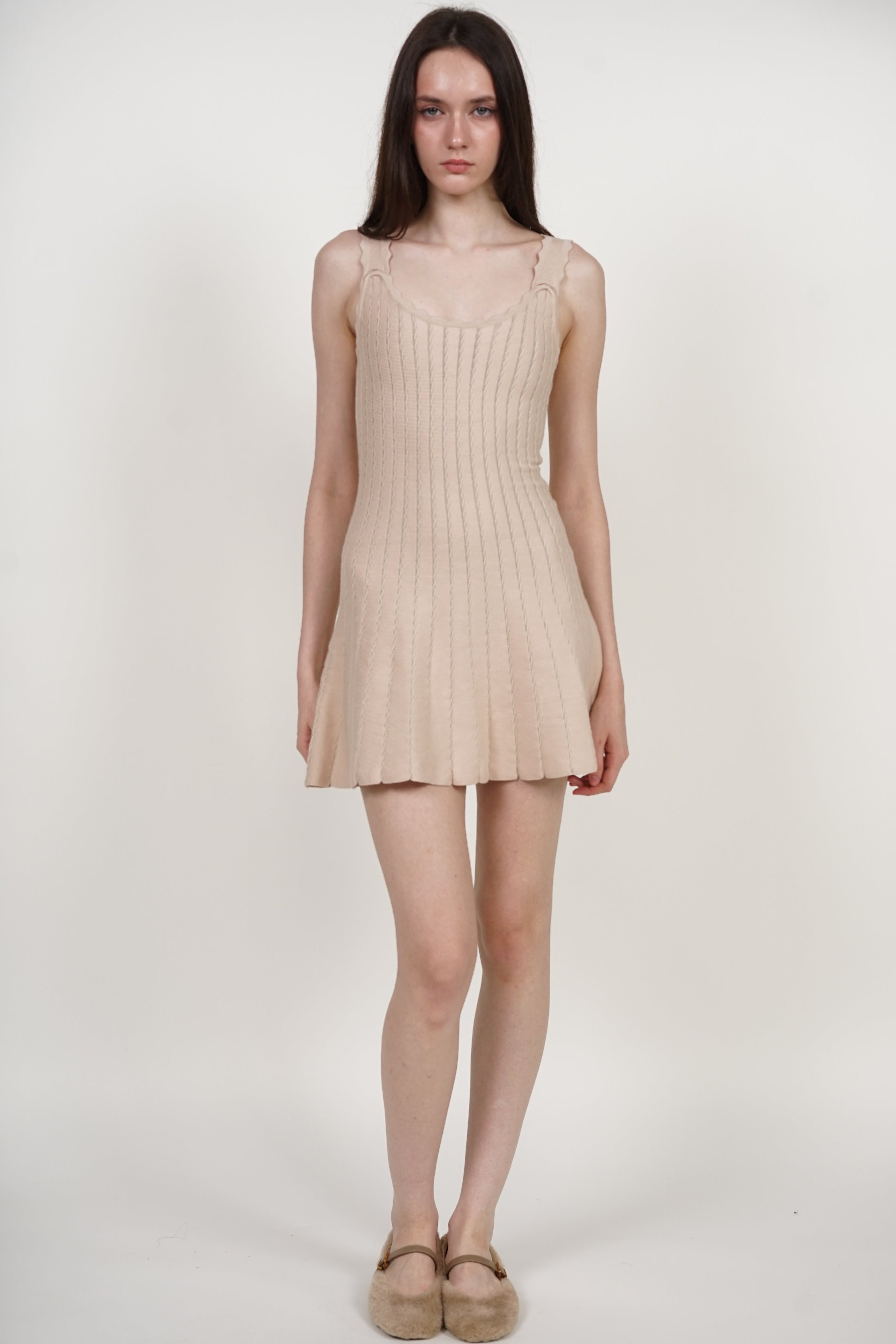 Knit Scallop Trim Flare Dress in Apricot