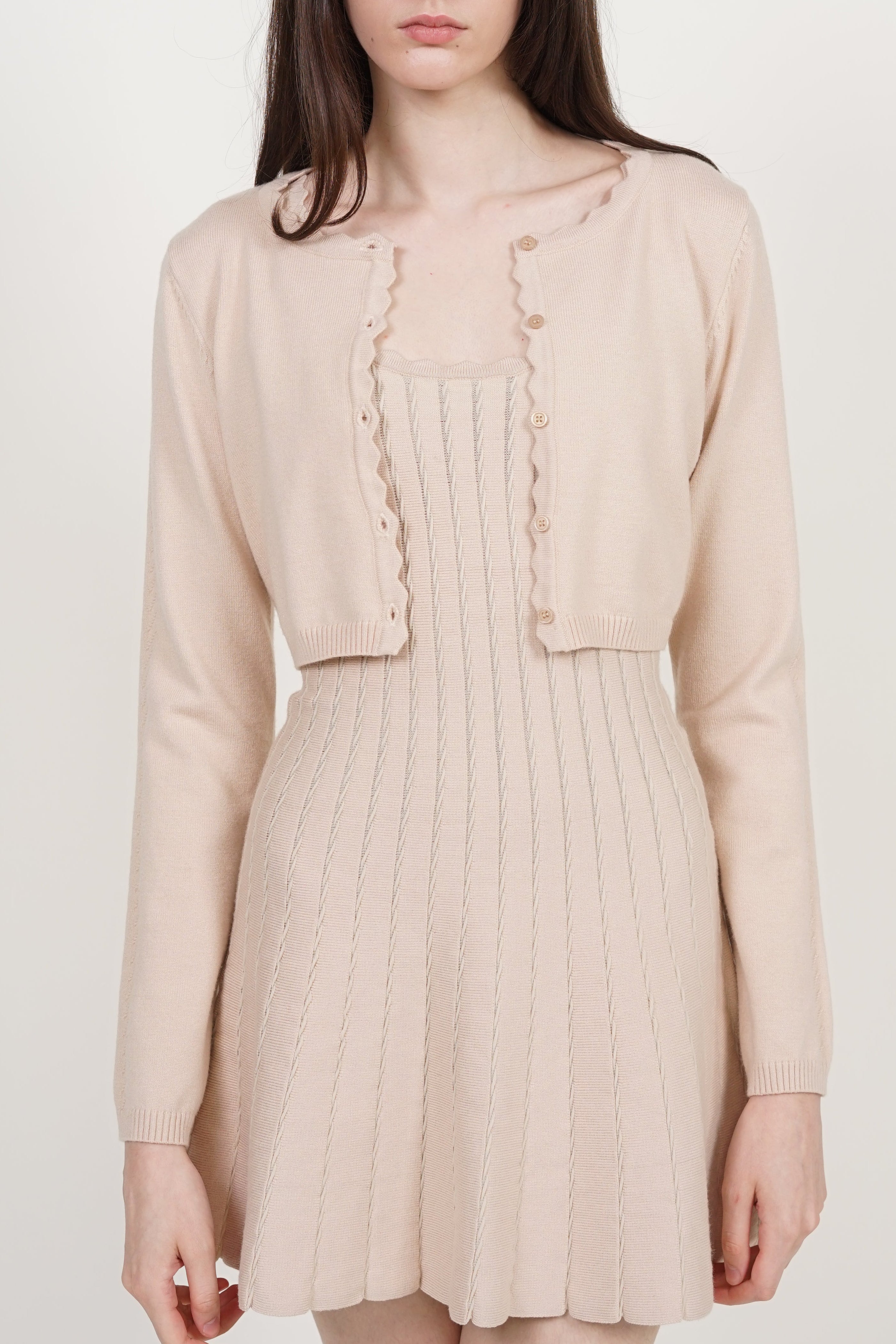 Knit Scallop Trim Cardigan in Apricot