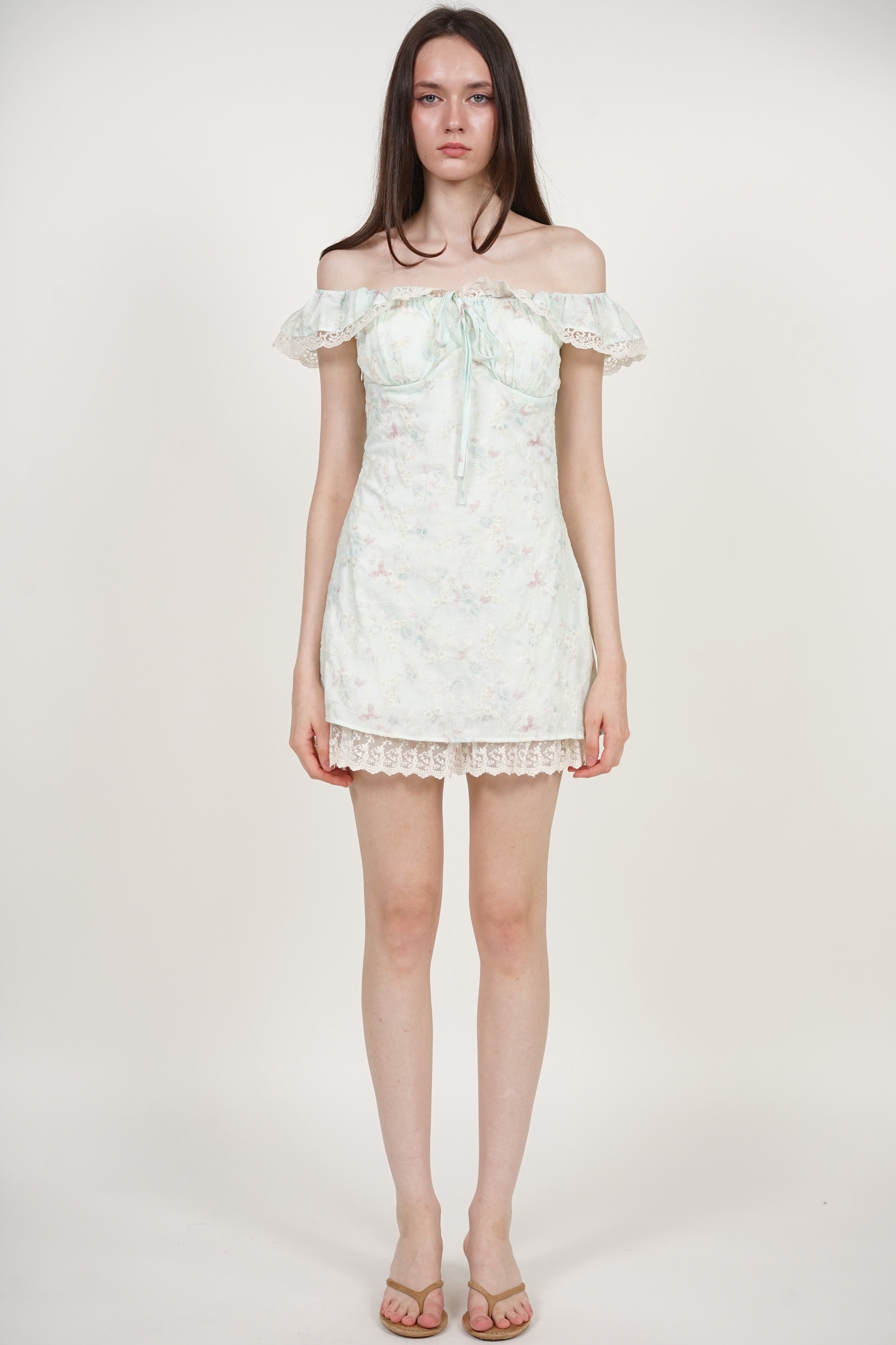 A-line flutter Mini Dress in Mint Green Floral