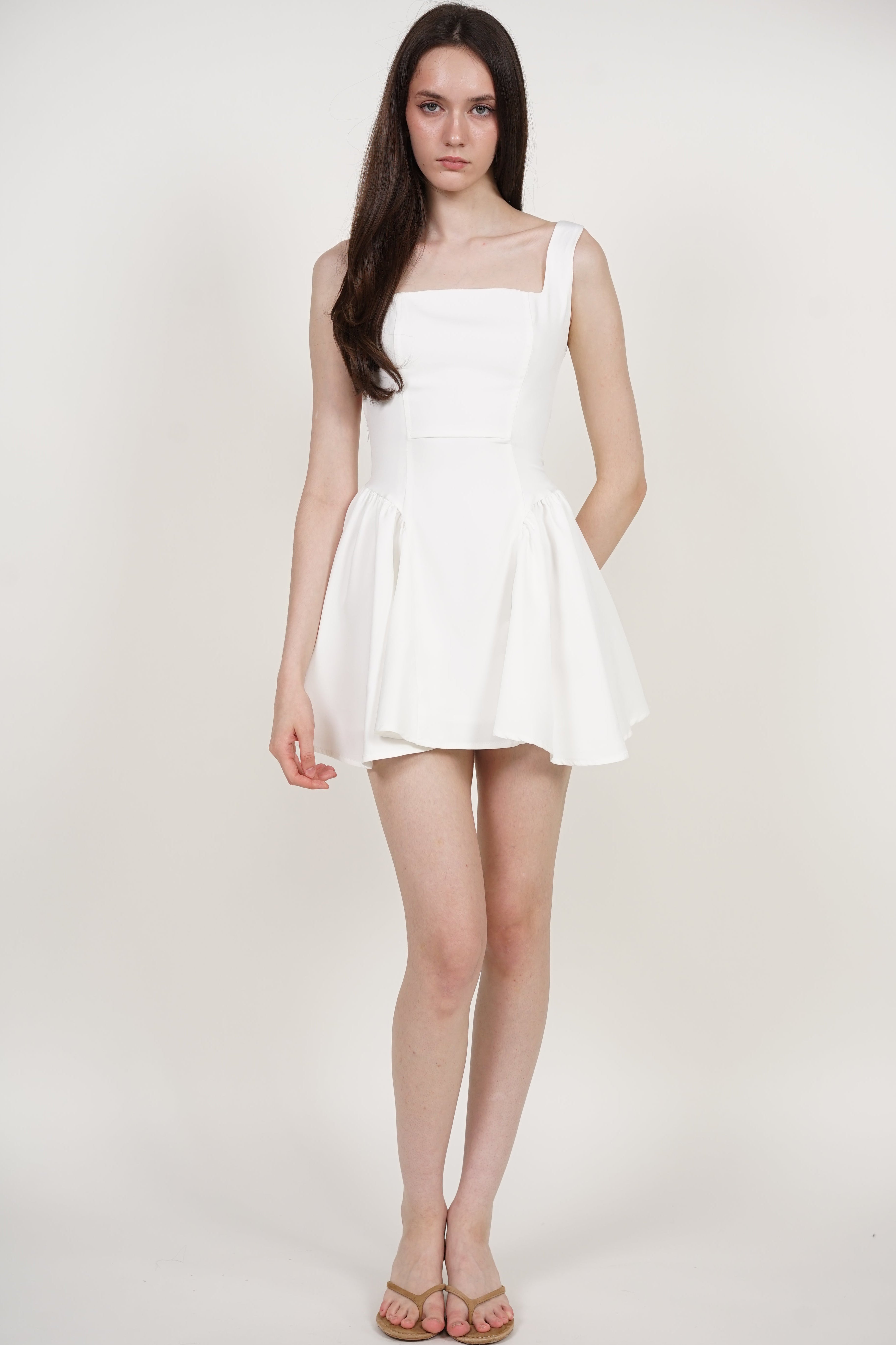 Tie Waist Back Gathered Dress in White