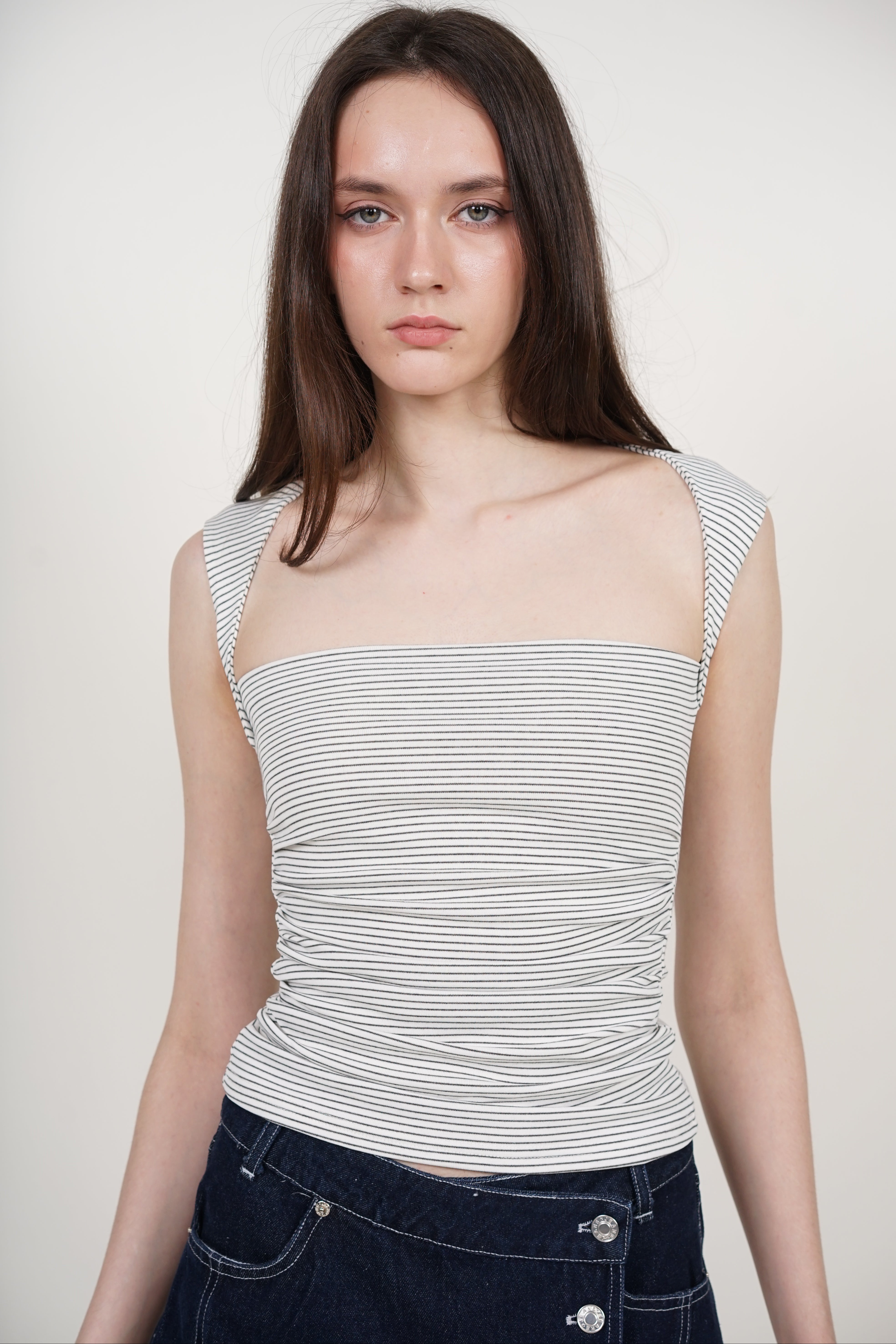 Square Neck Tank Top in White Stripes