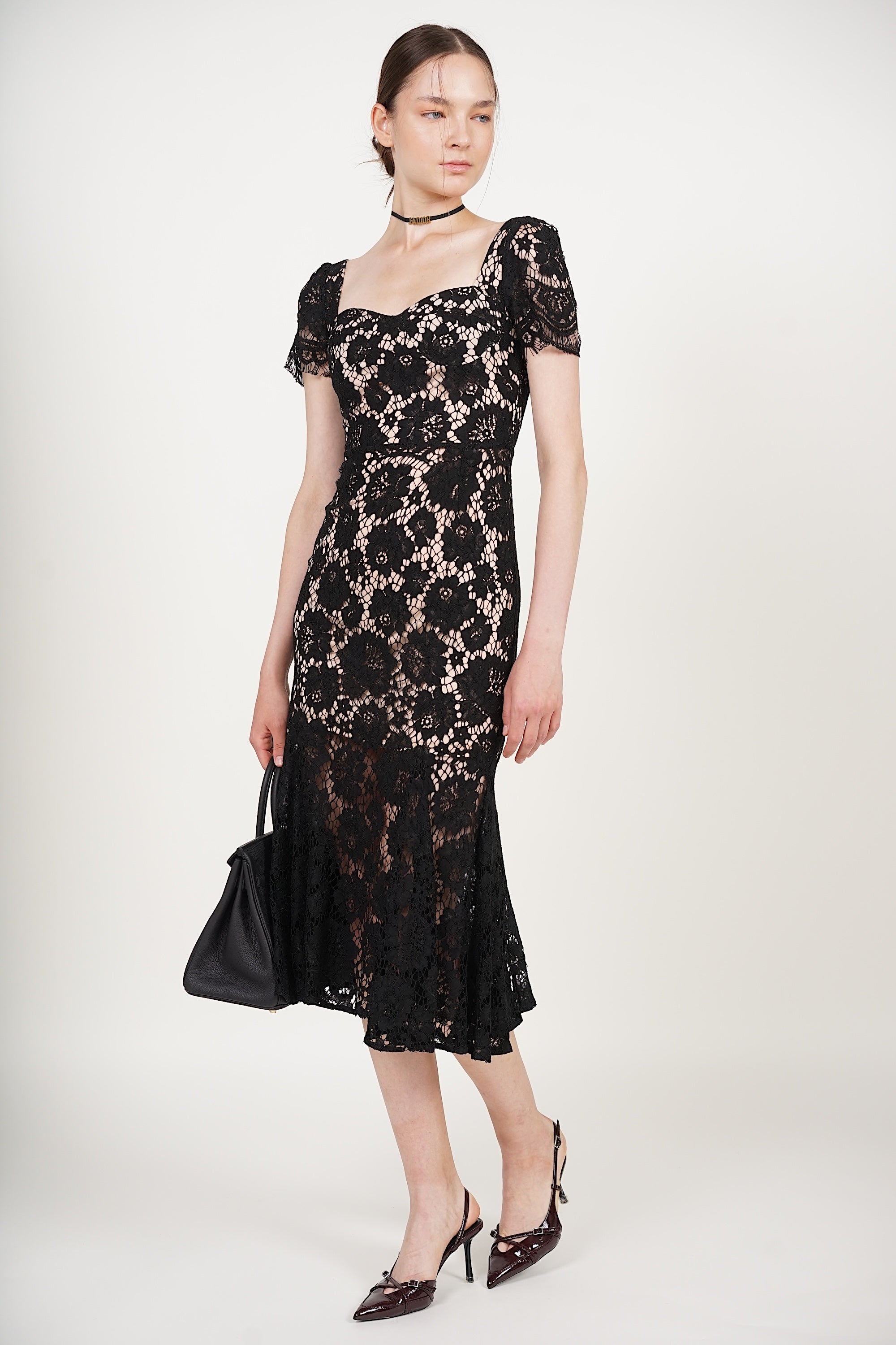Bustier Midi Dress in Black Lace