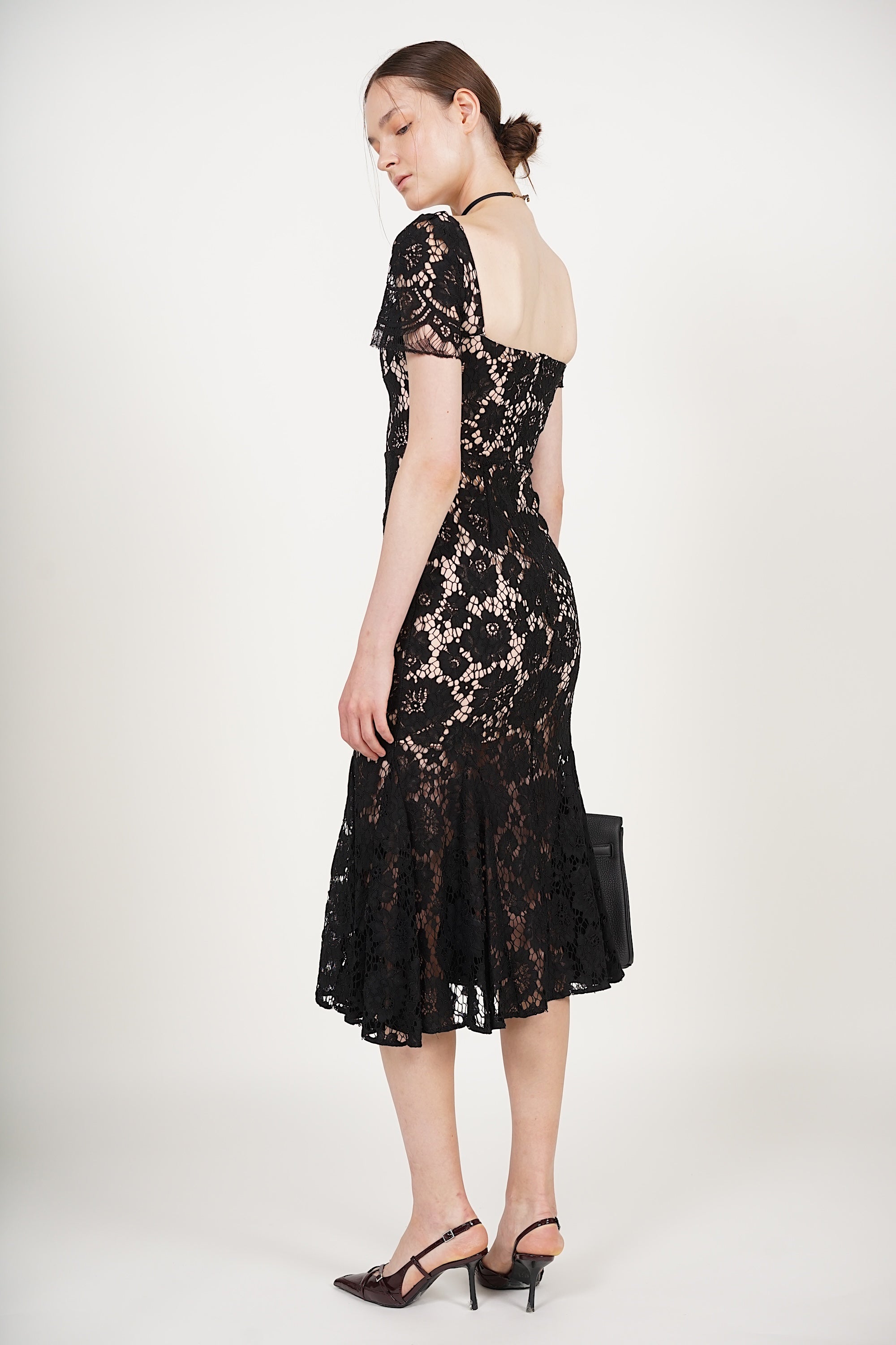 Bustier Midi Dress in Black Lace