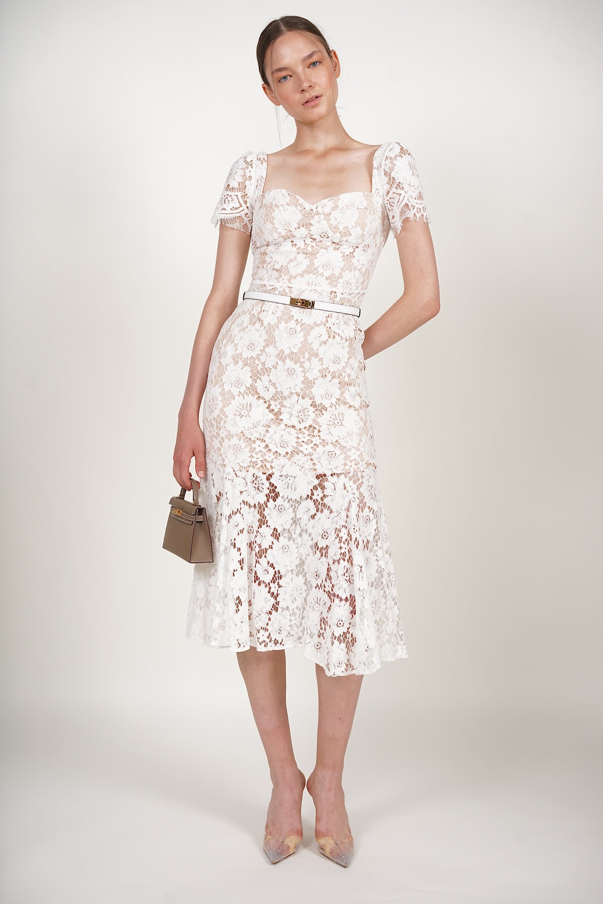 Bustier Midi Dress in White Lace