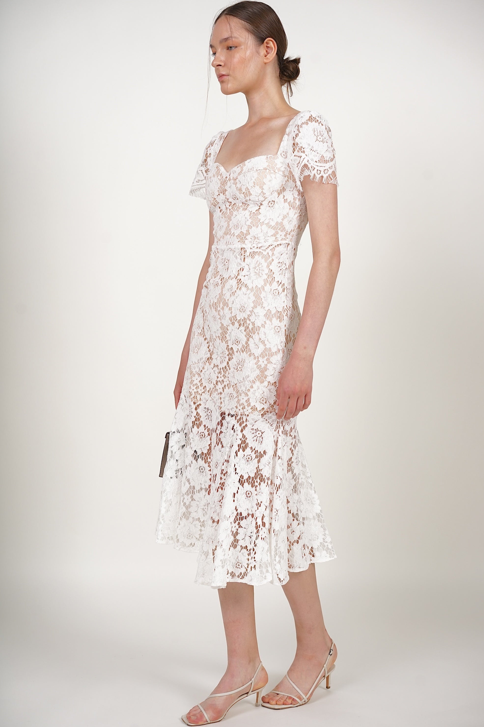 Bustier Midi Dress in White Lace