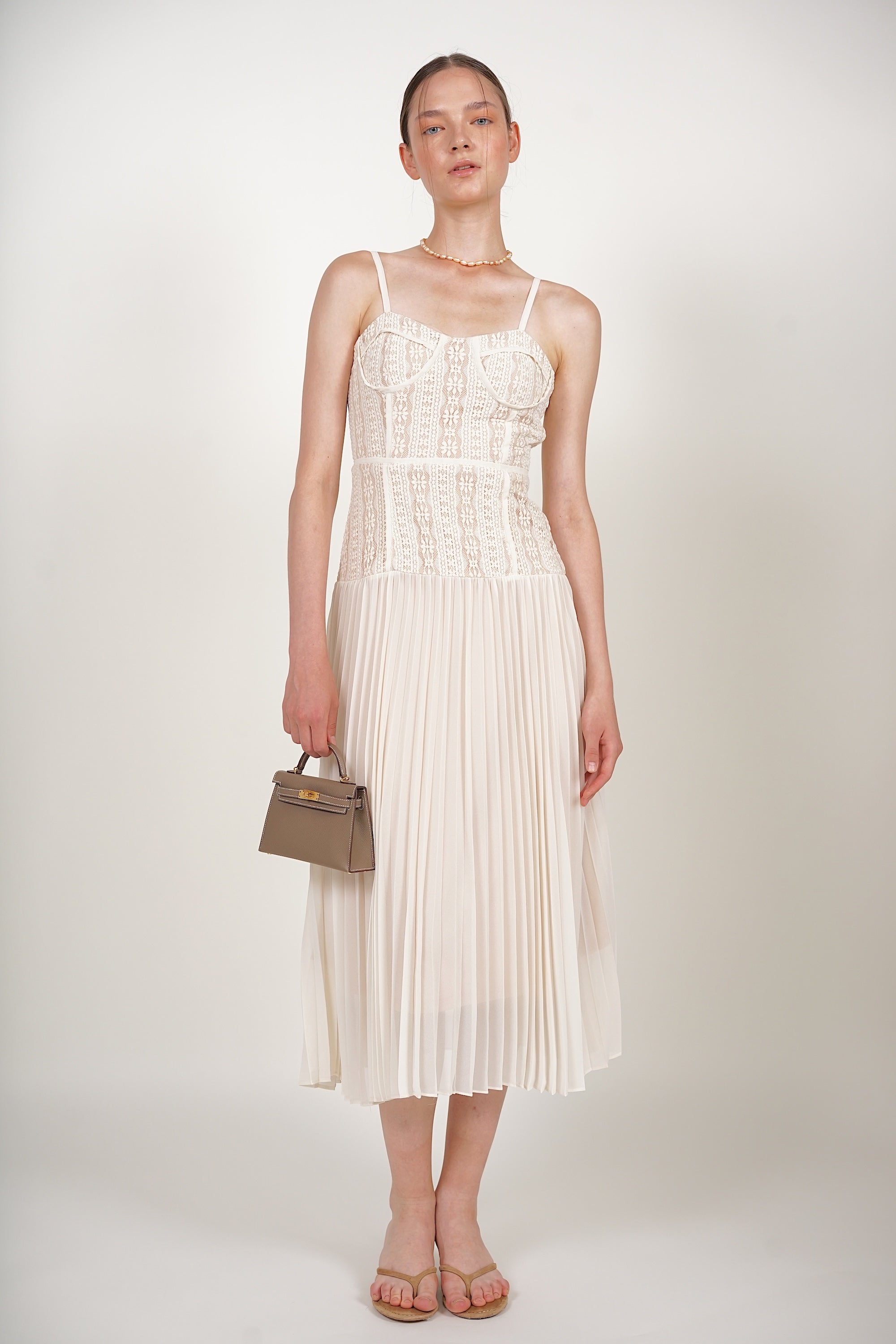 Bustier Pleated Dress in Cream Lace