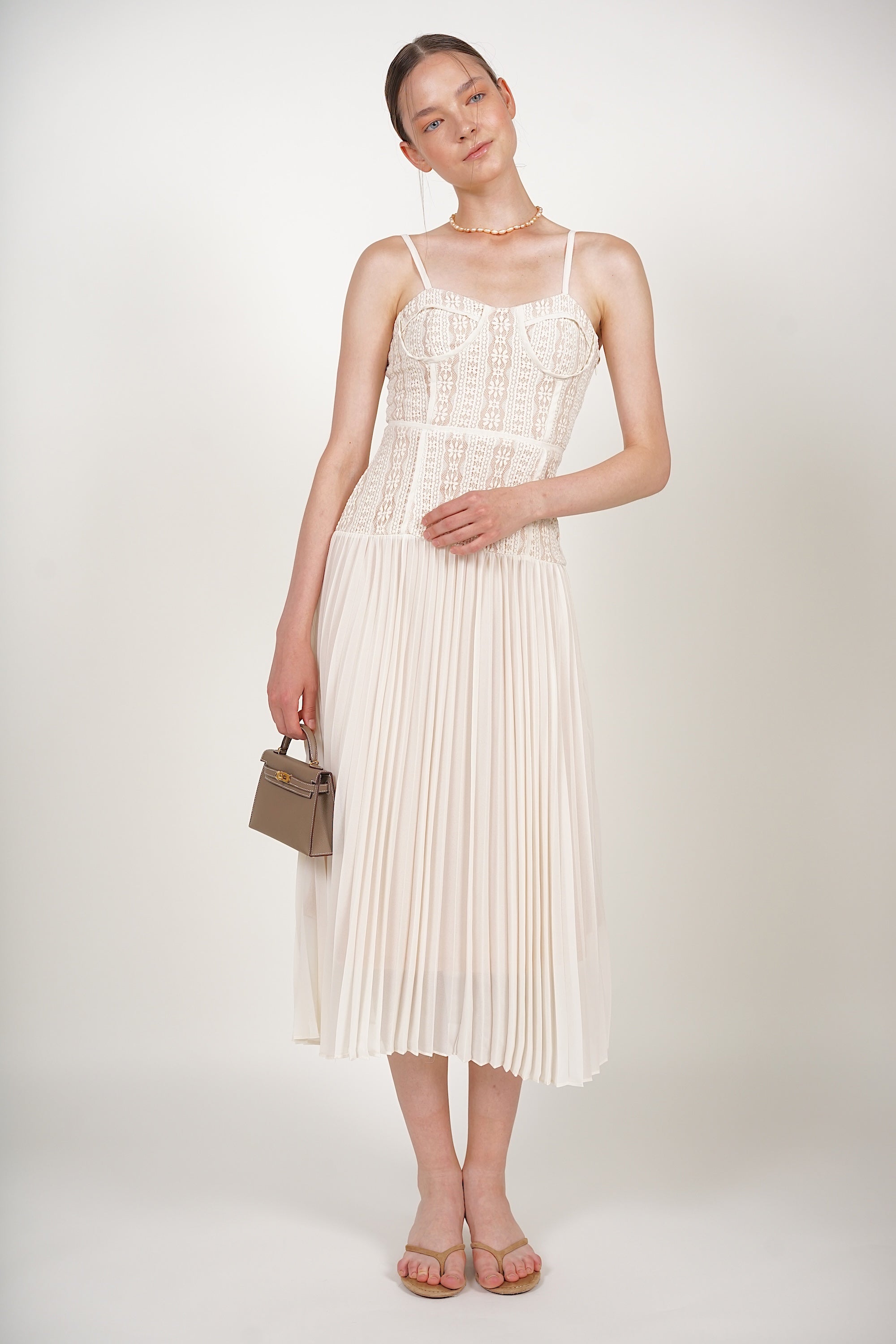 Bustier Pleated Dress in Cream Lace