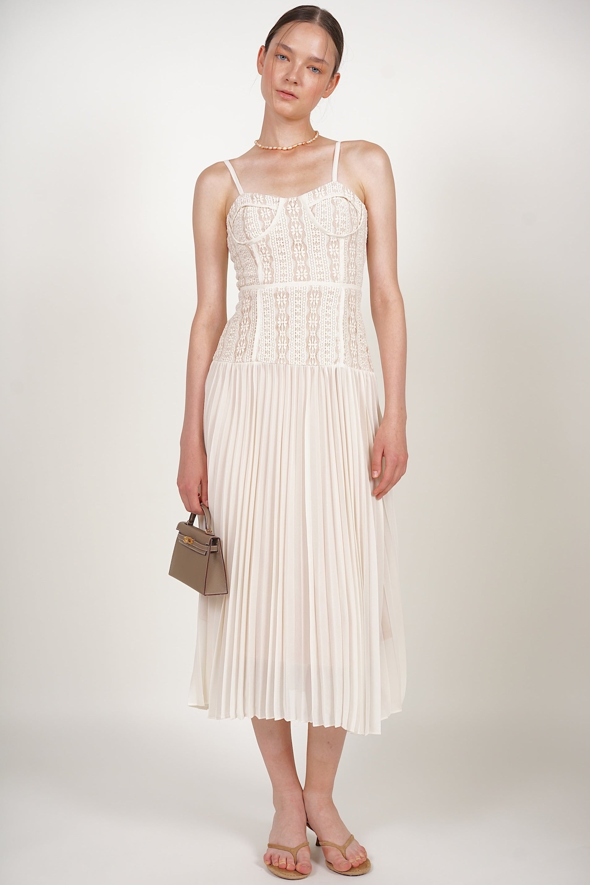 Bustier Pleated Dress in Cream Lace