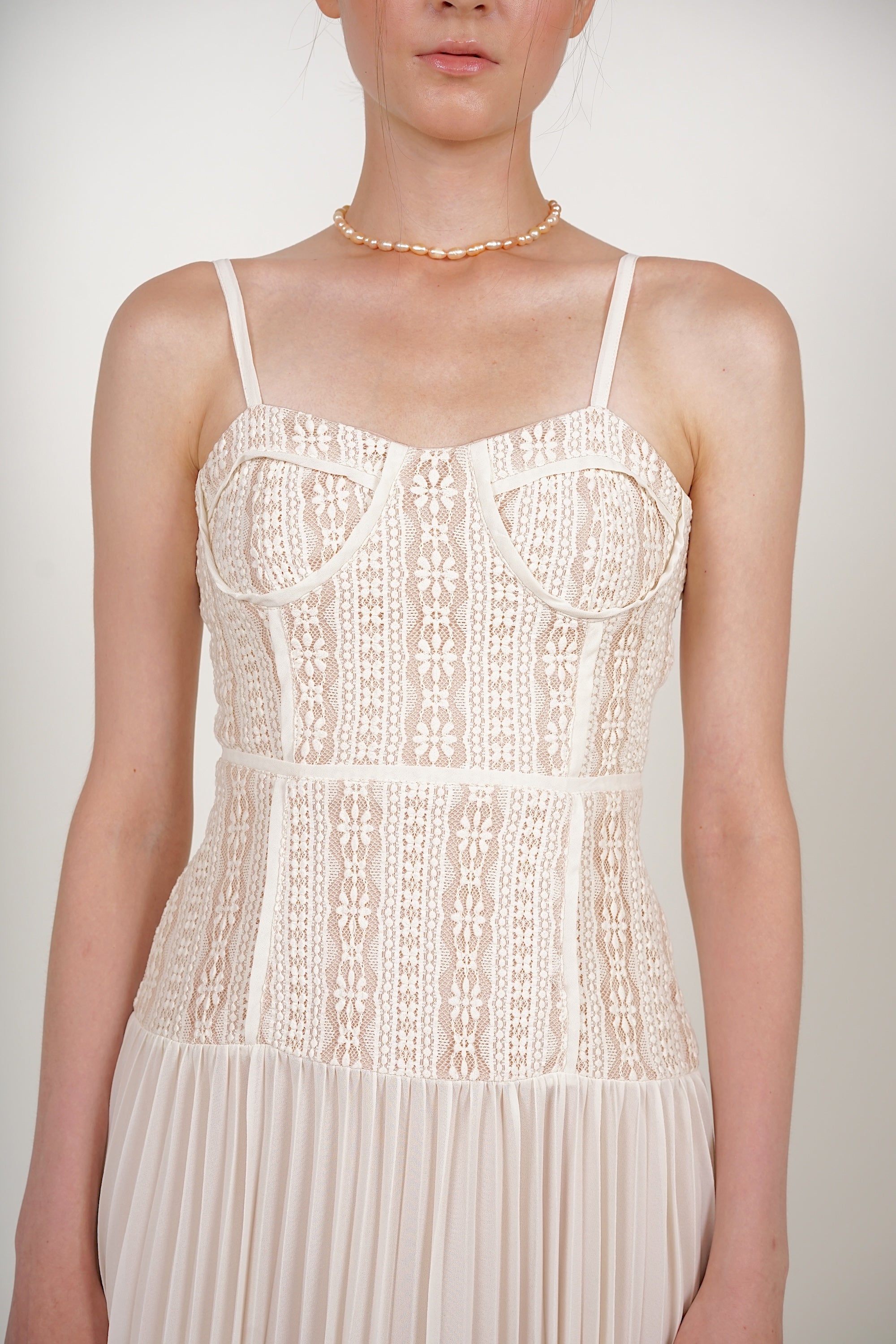 Bustier Pleated Dress in Cream Lace