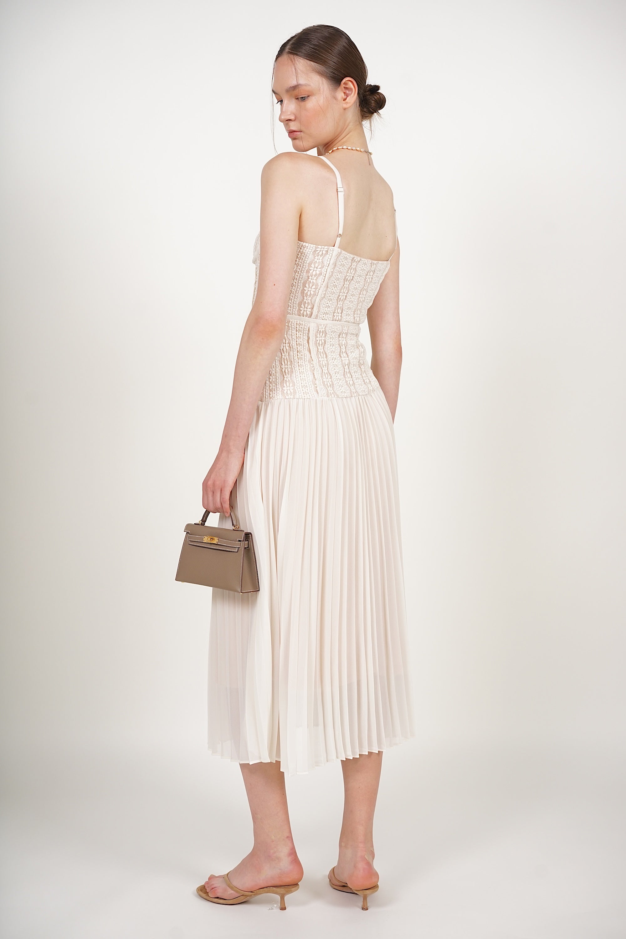 Bustier Pleated Dress in Cream Lace