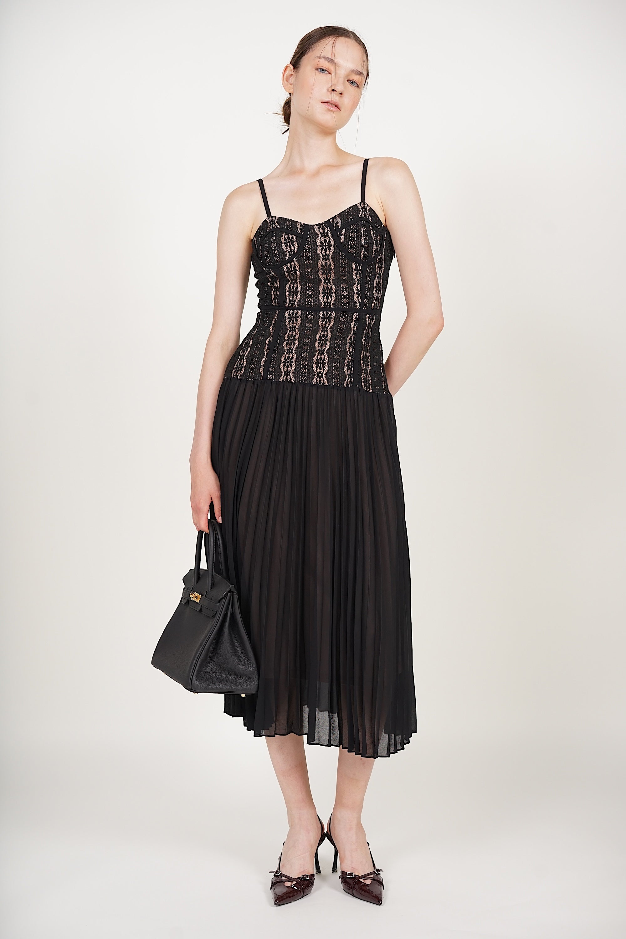 Bustier Pleated Dress in Black Lace