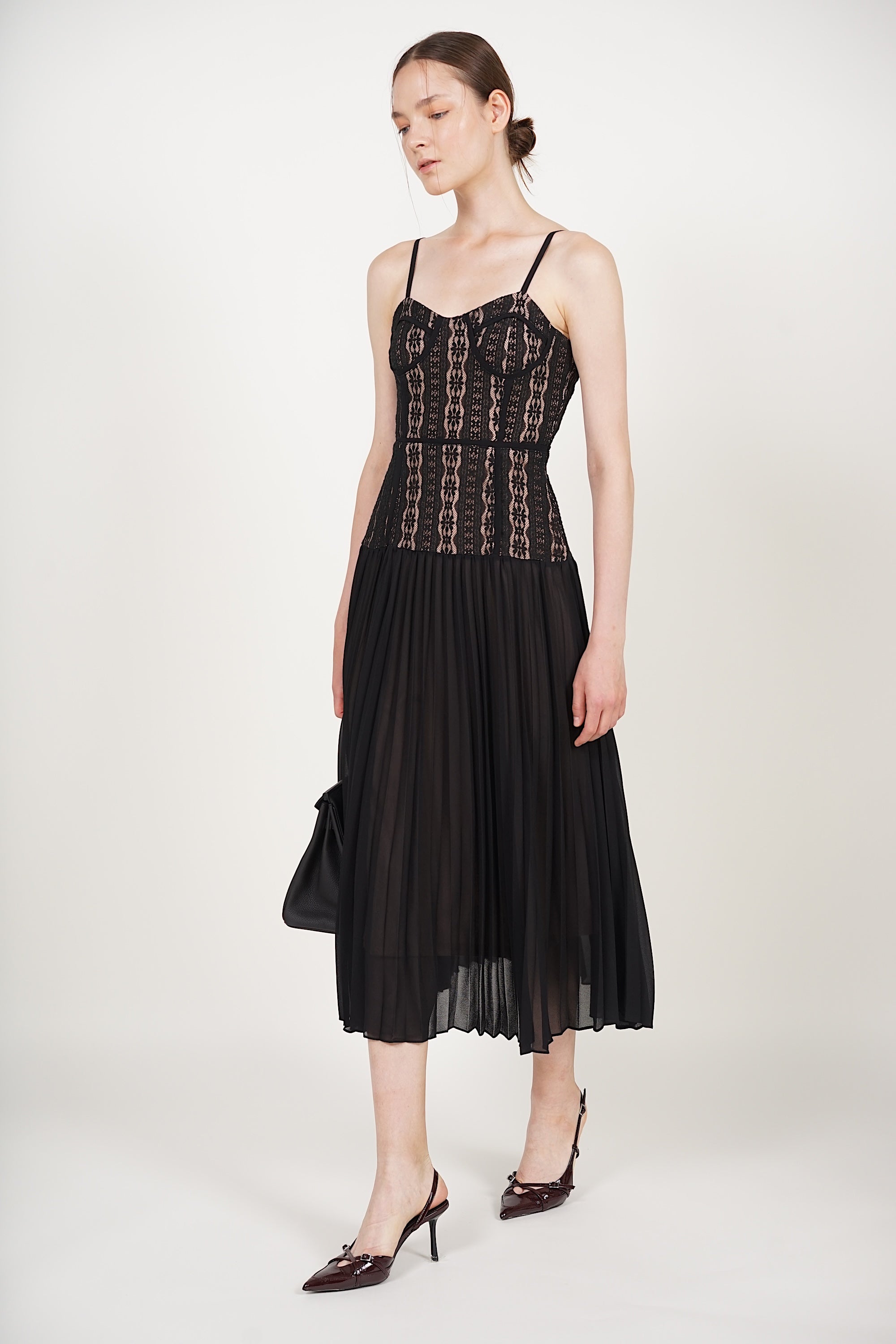 Bustier Pleated Dress in Black Lace