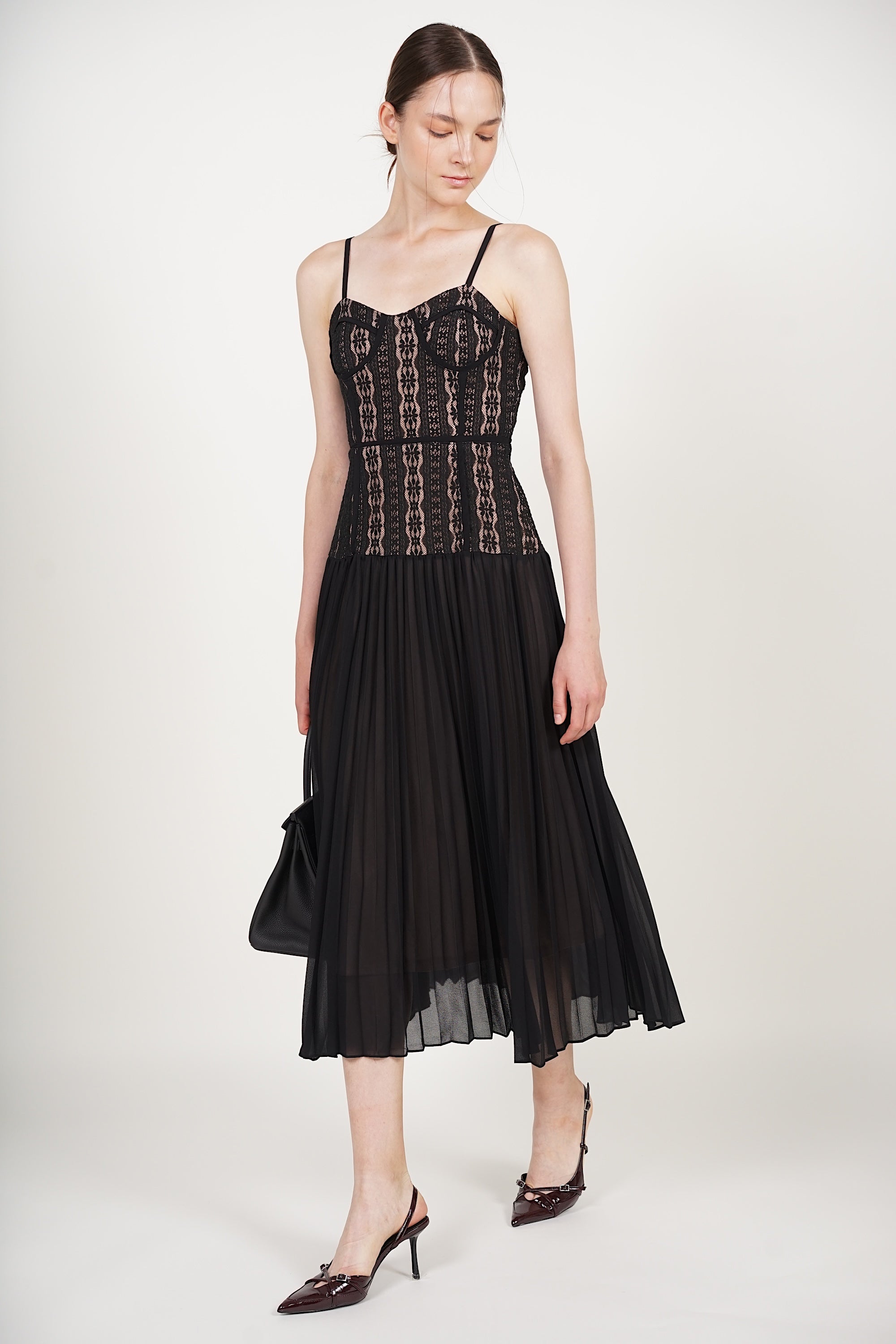 Bustier Pleated Dress in Black Lace