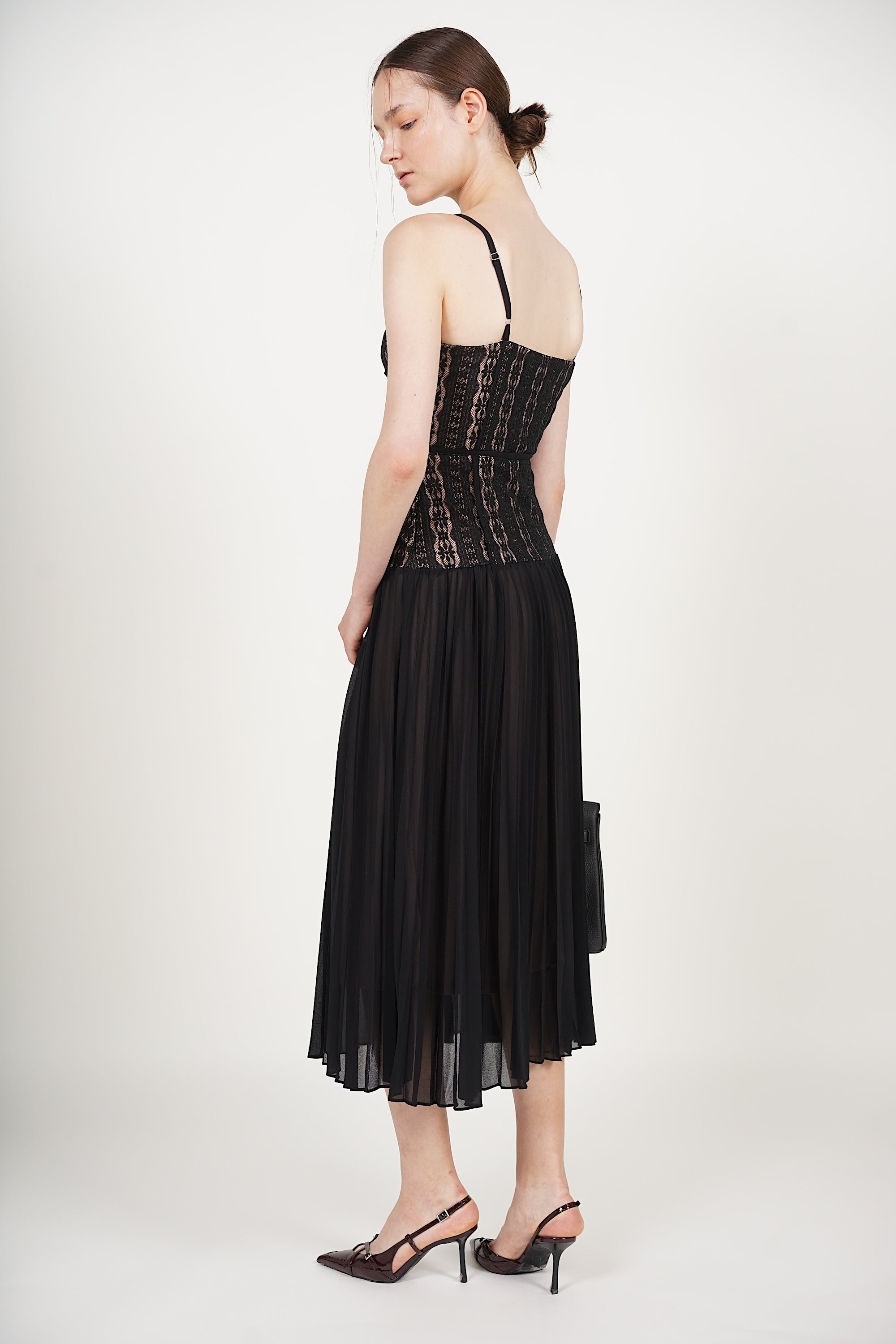 Bustier Pleated Dress in Black Lace