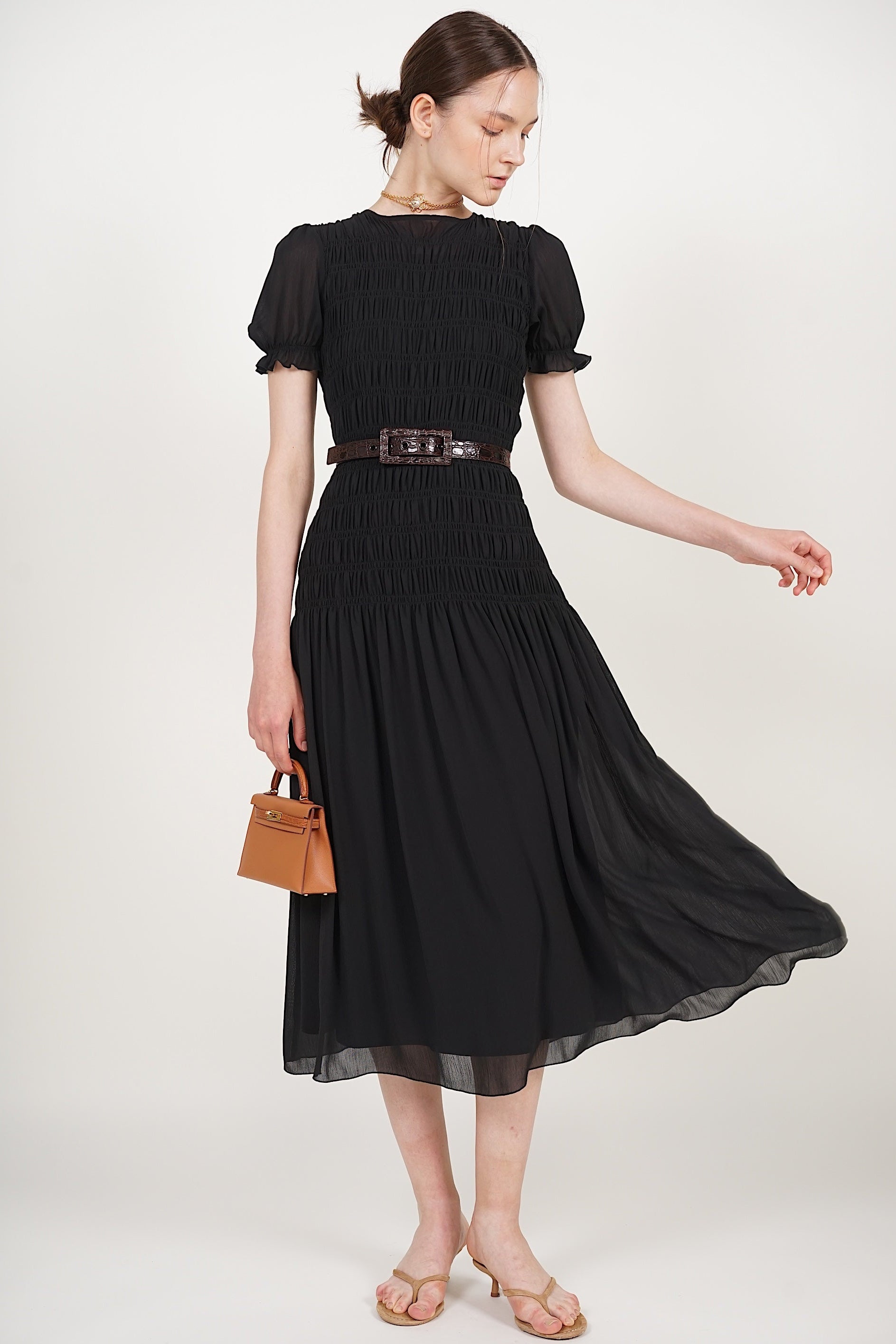 Smocked Flare Dress in Black