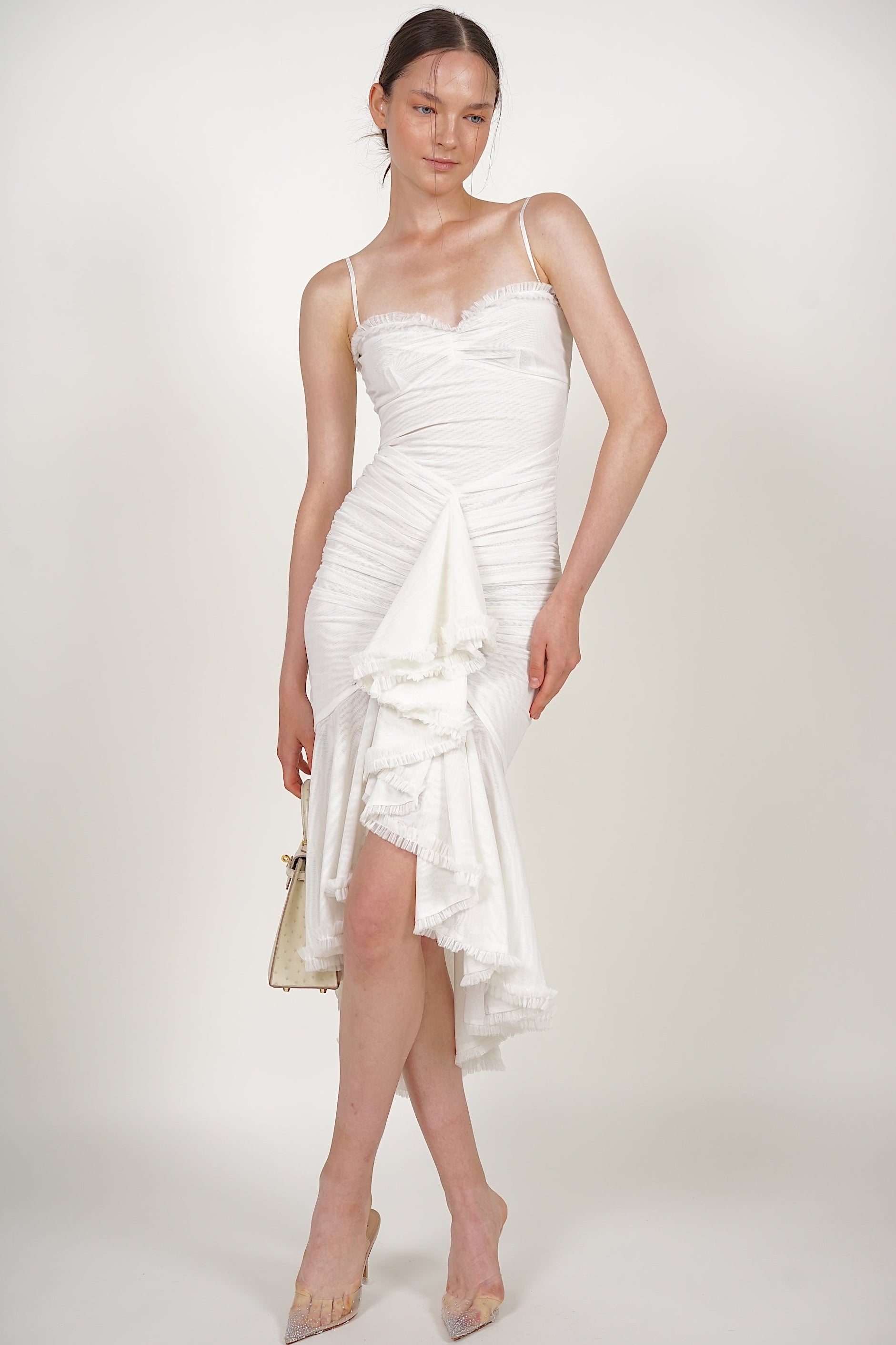Ruffle Draped Dress in White