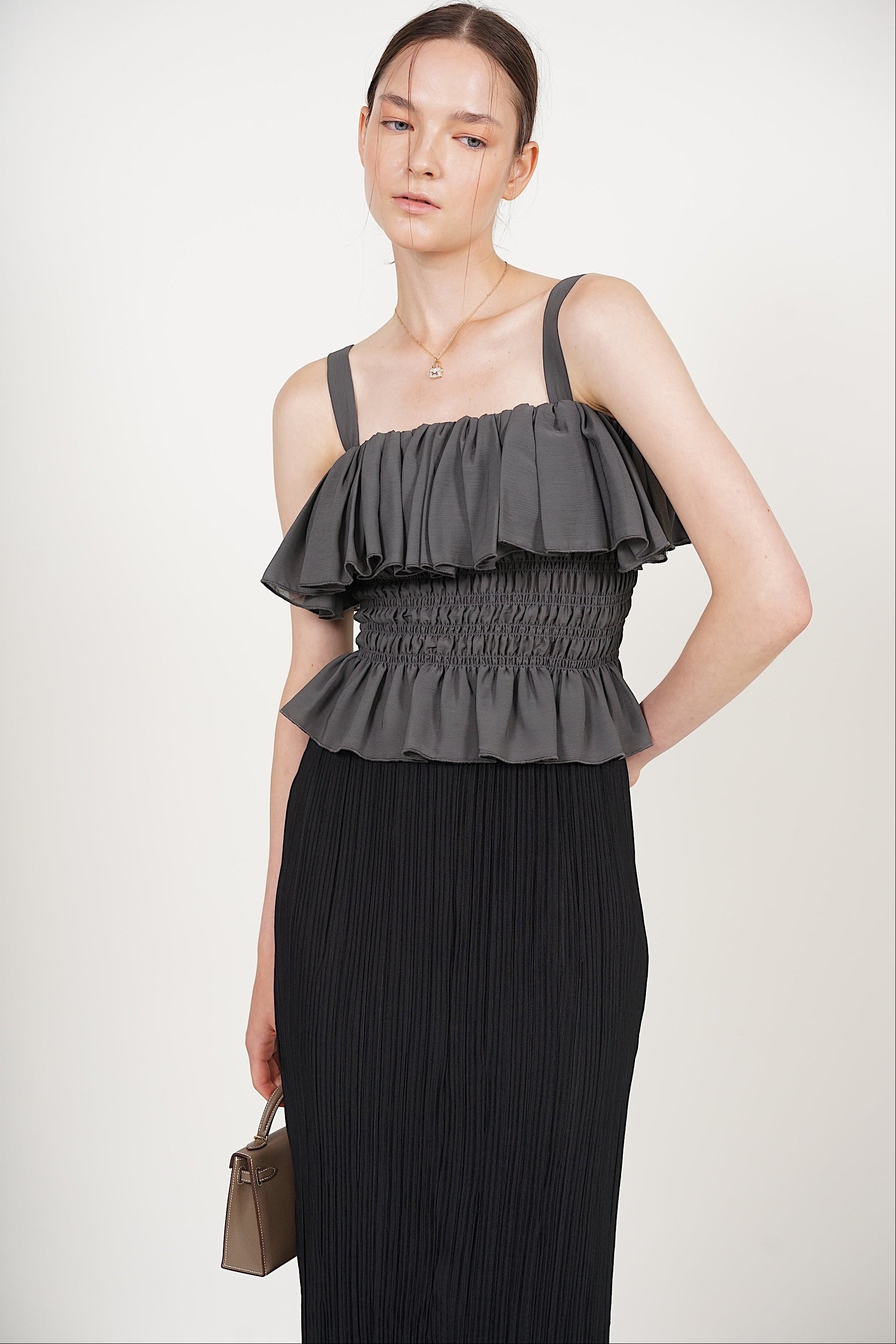 Ruffle Smocked Top in Pebble