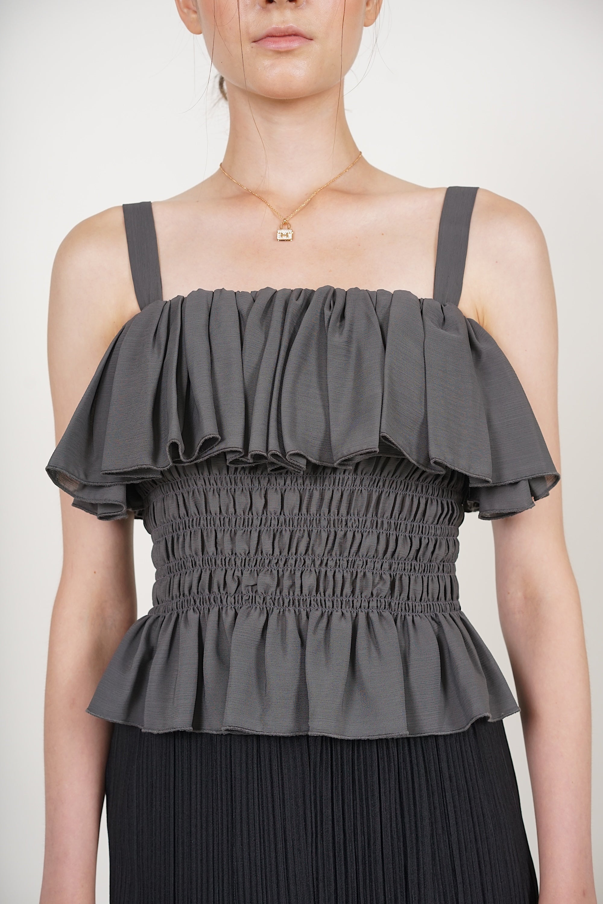 Ruffle Smocked Top in Pebble