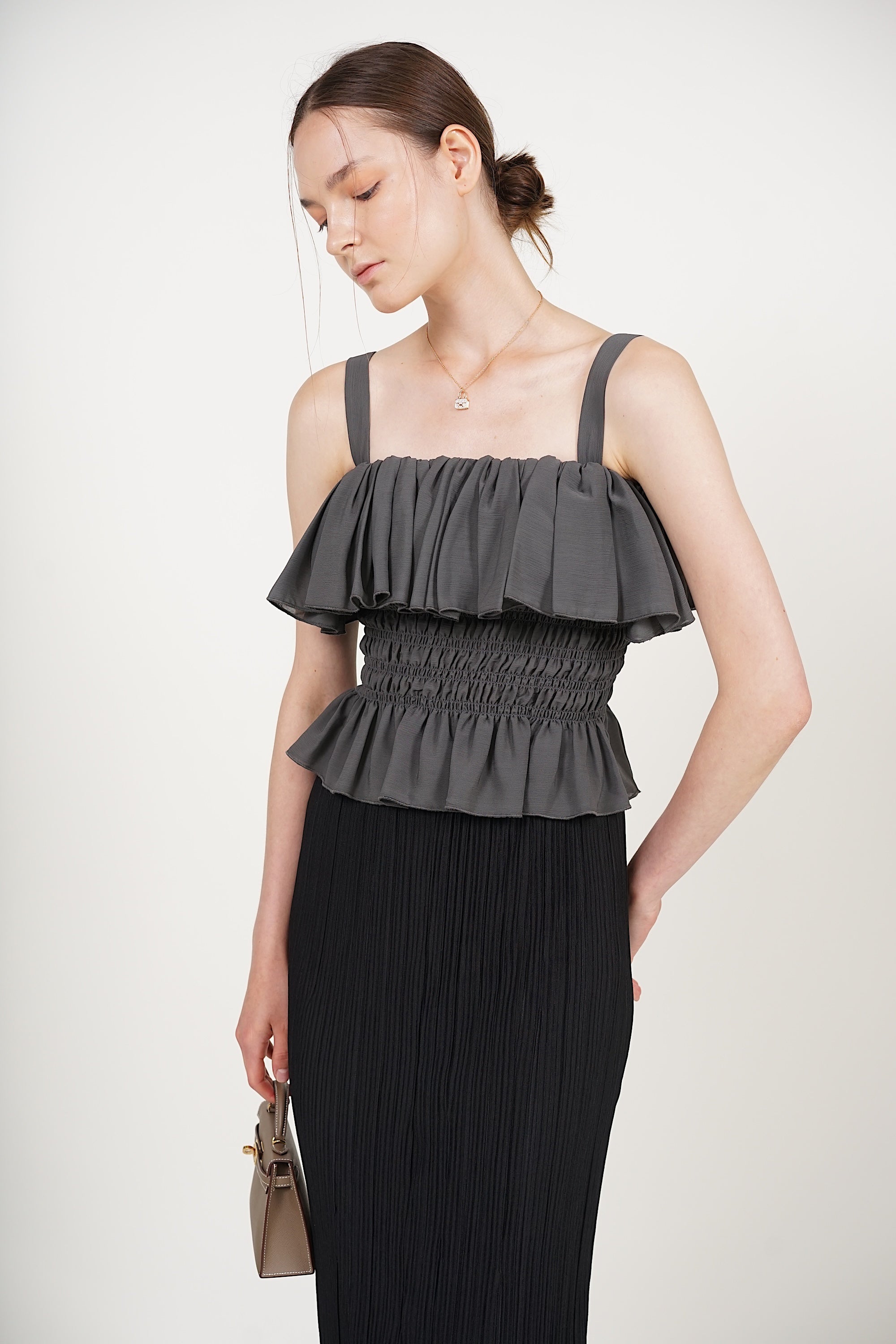 Ruffle Smocked Top in Pebble