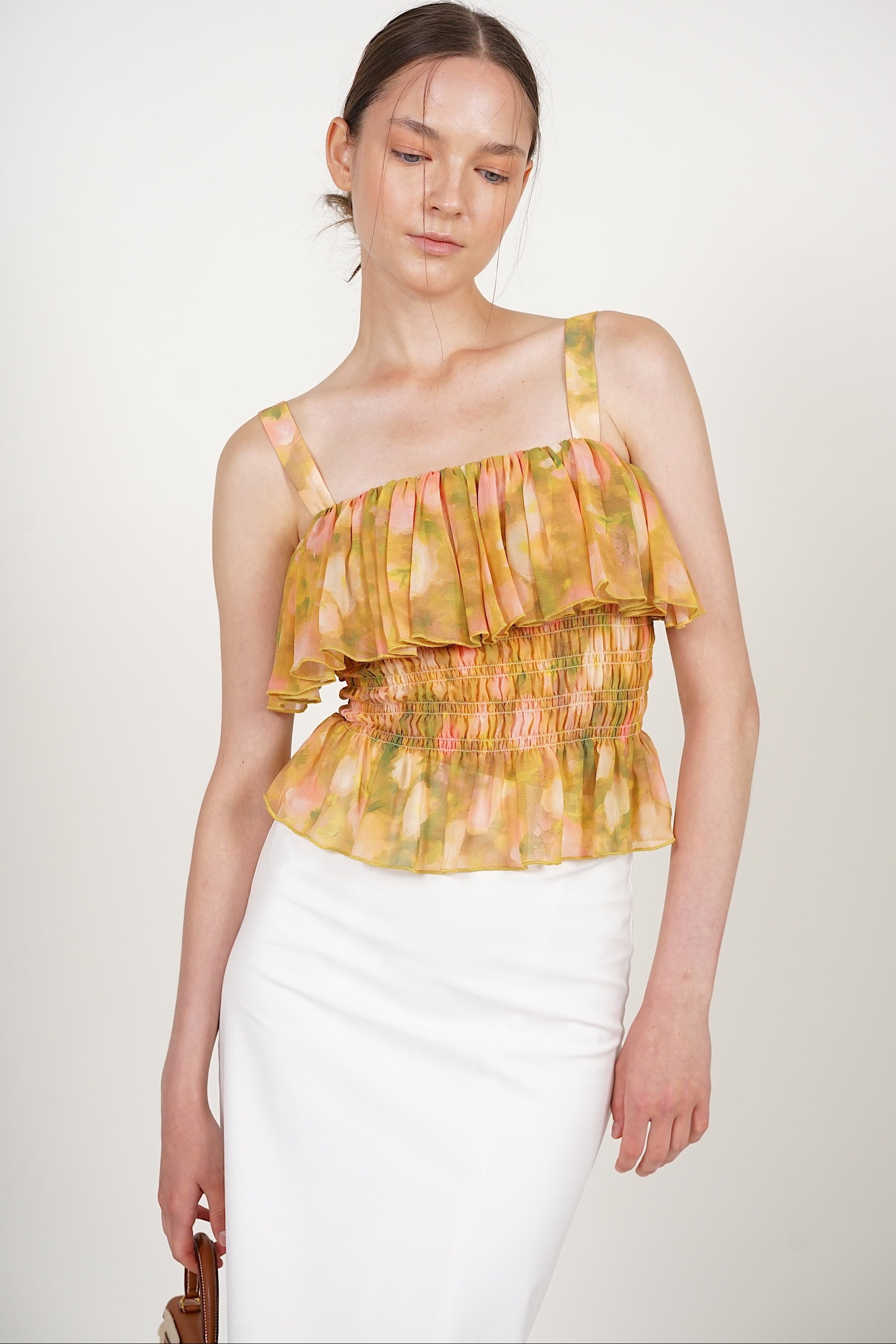 Ruffle Smocked Top in Yellow Floral