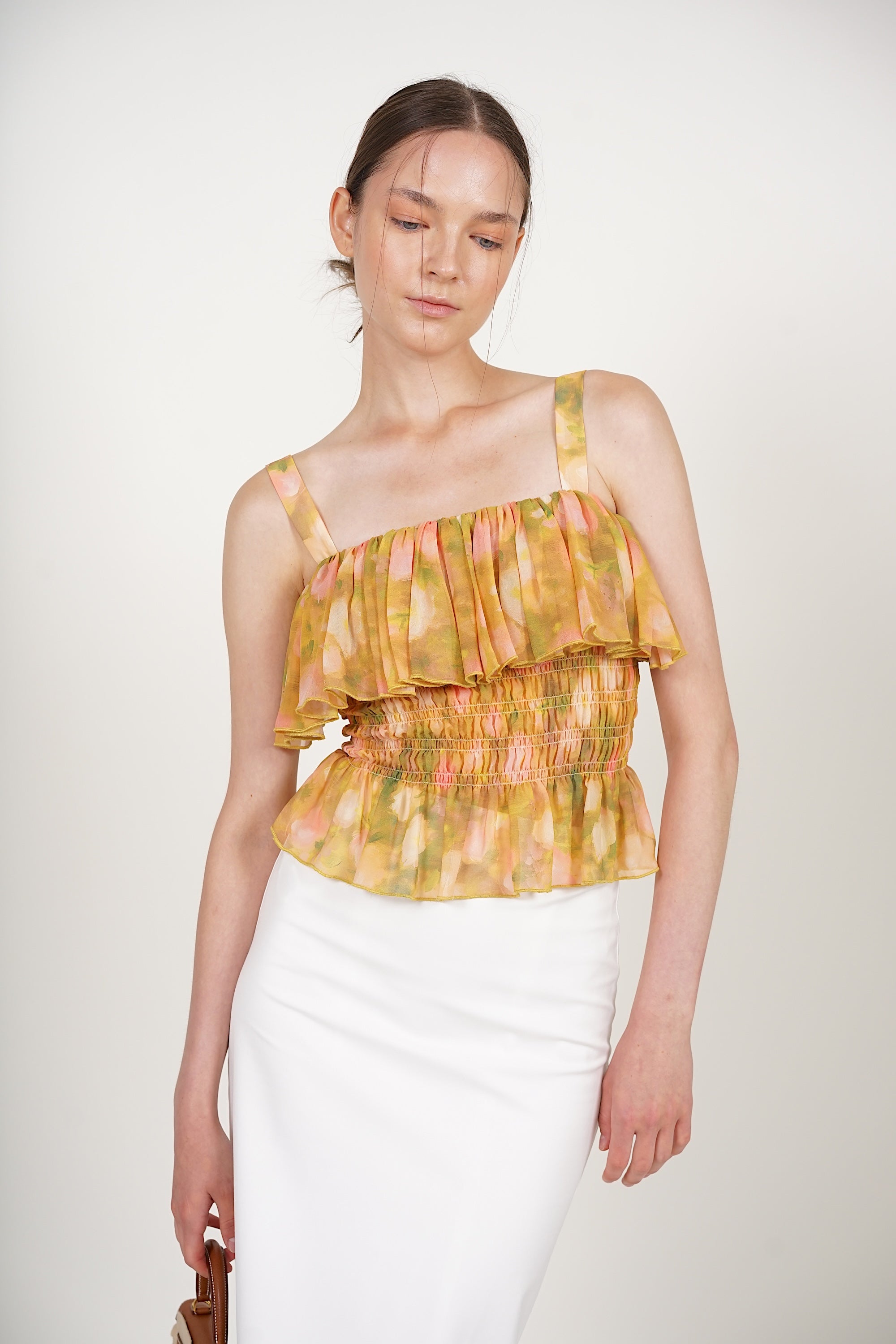 Ruffle Smocked Top in Yellow Floral