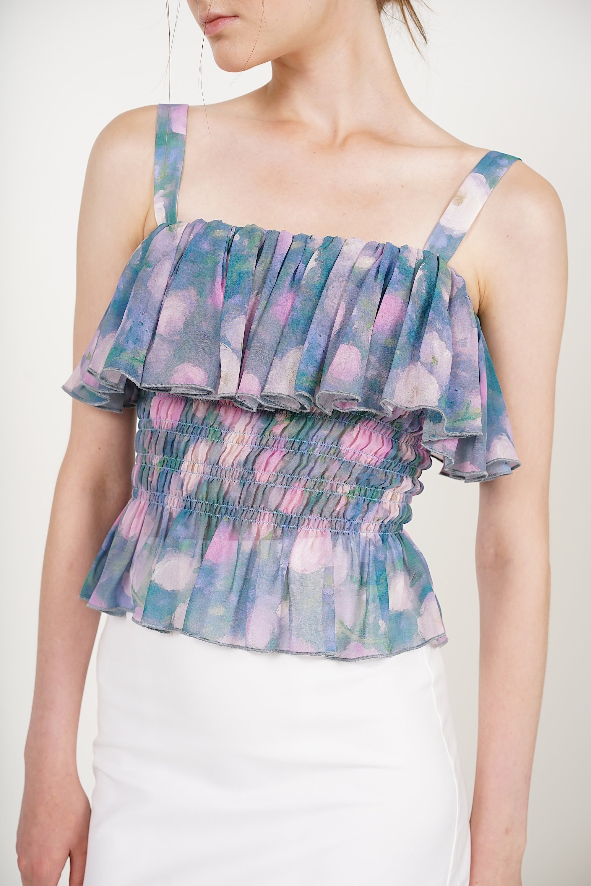 Ruffle Smocked Top in Blue Floral