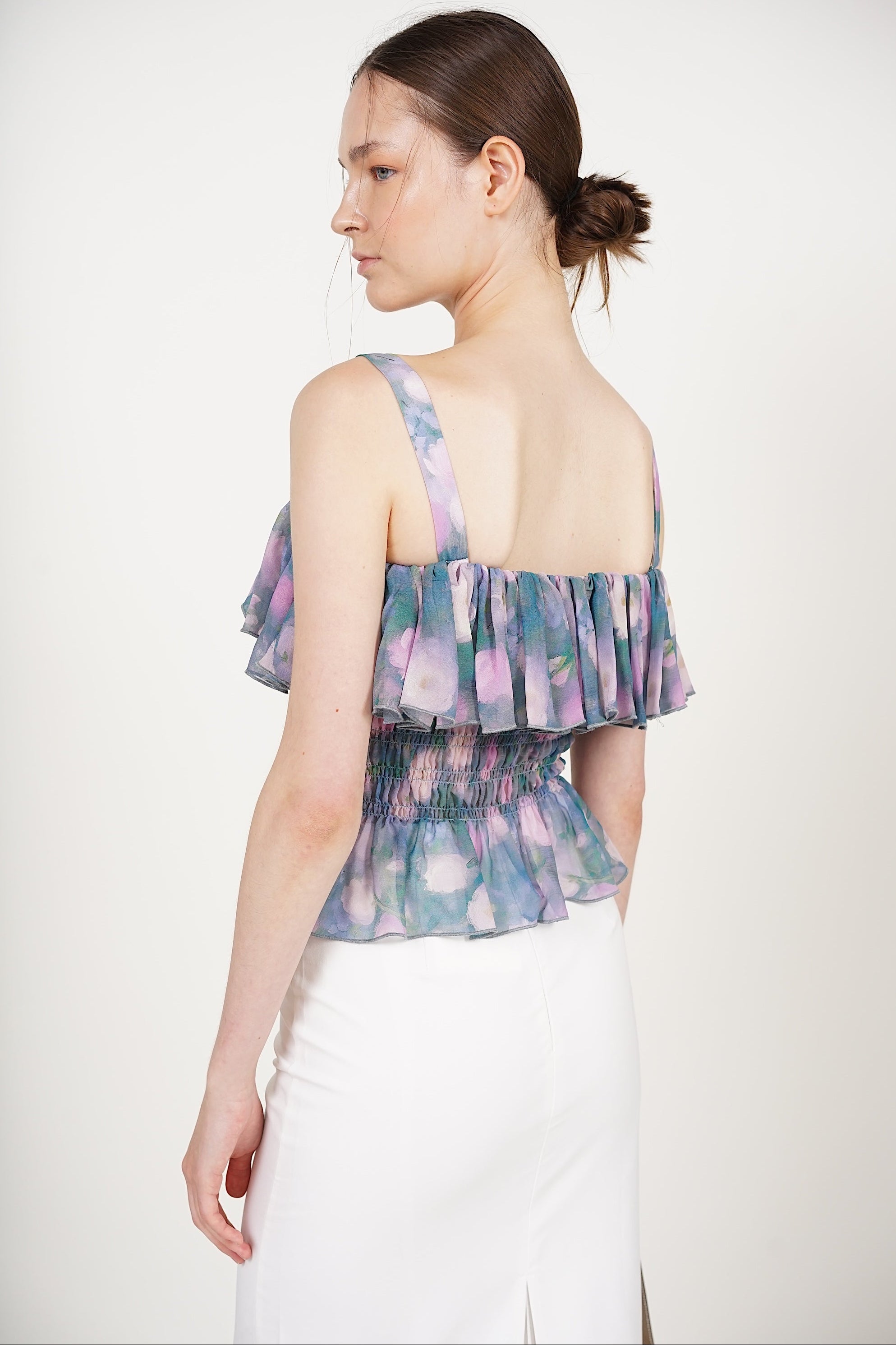 Ruffle Smocked Top in Blue Floral