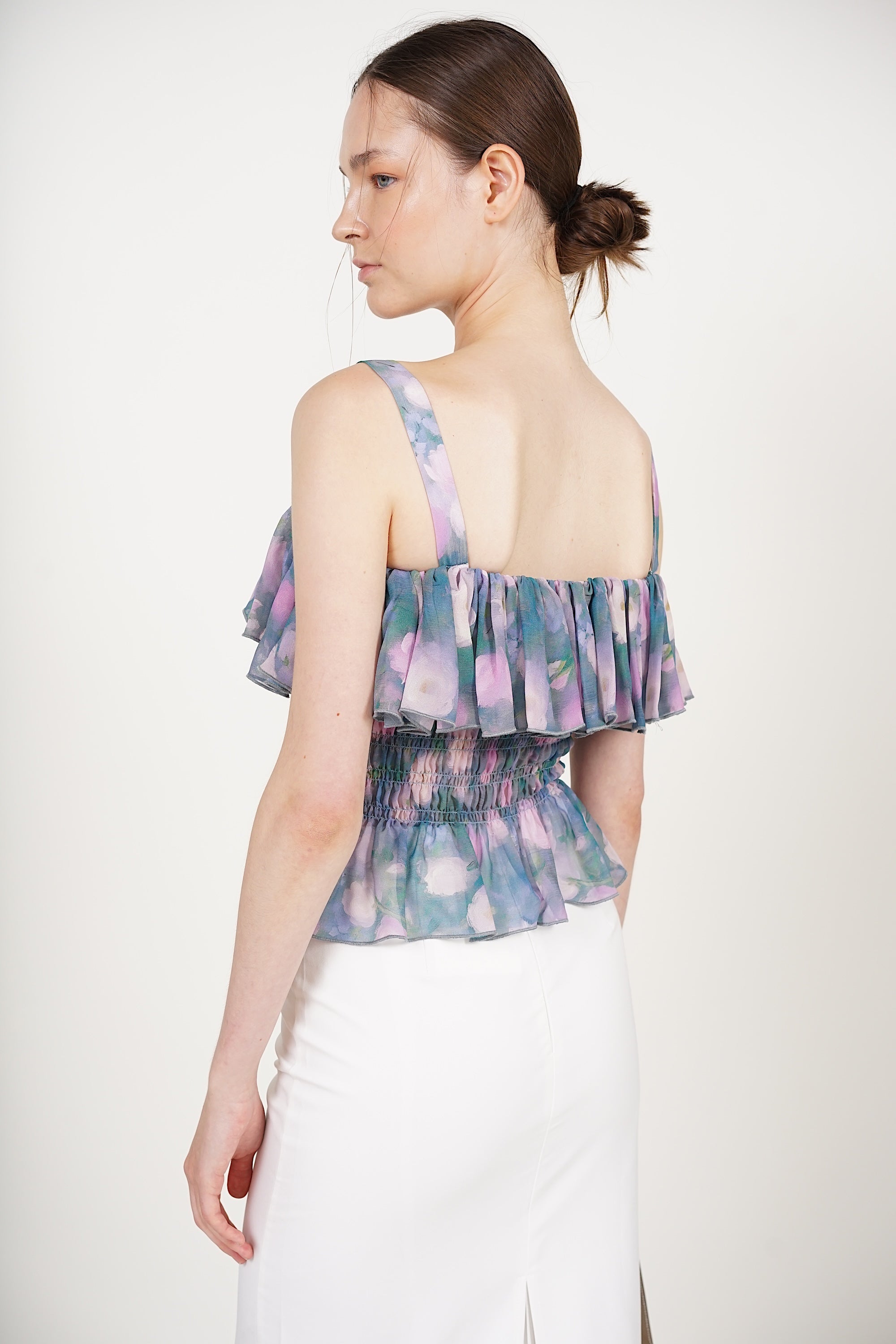 Ruffle Smocked Top in Blue Floral