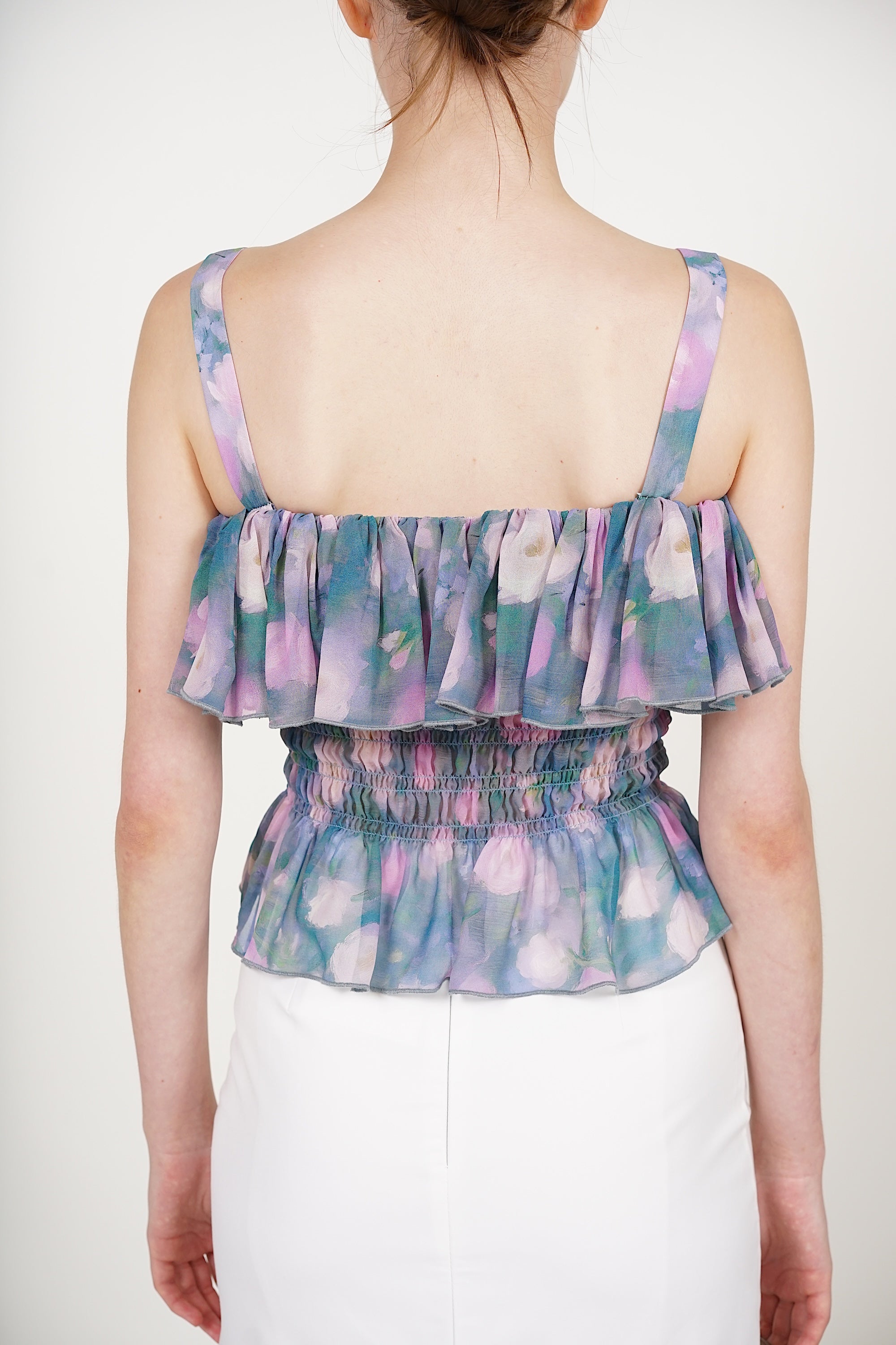 Ruffle Smocked Top in Blue Floral