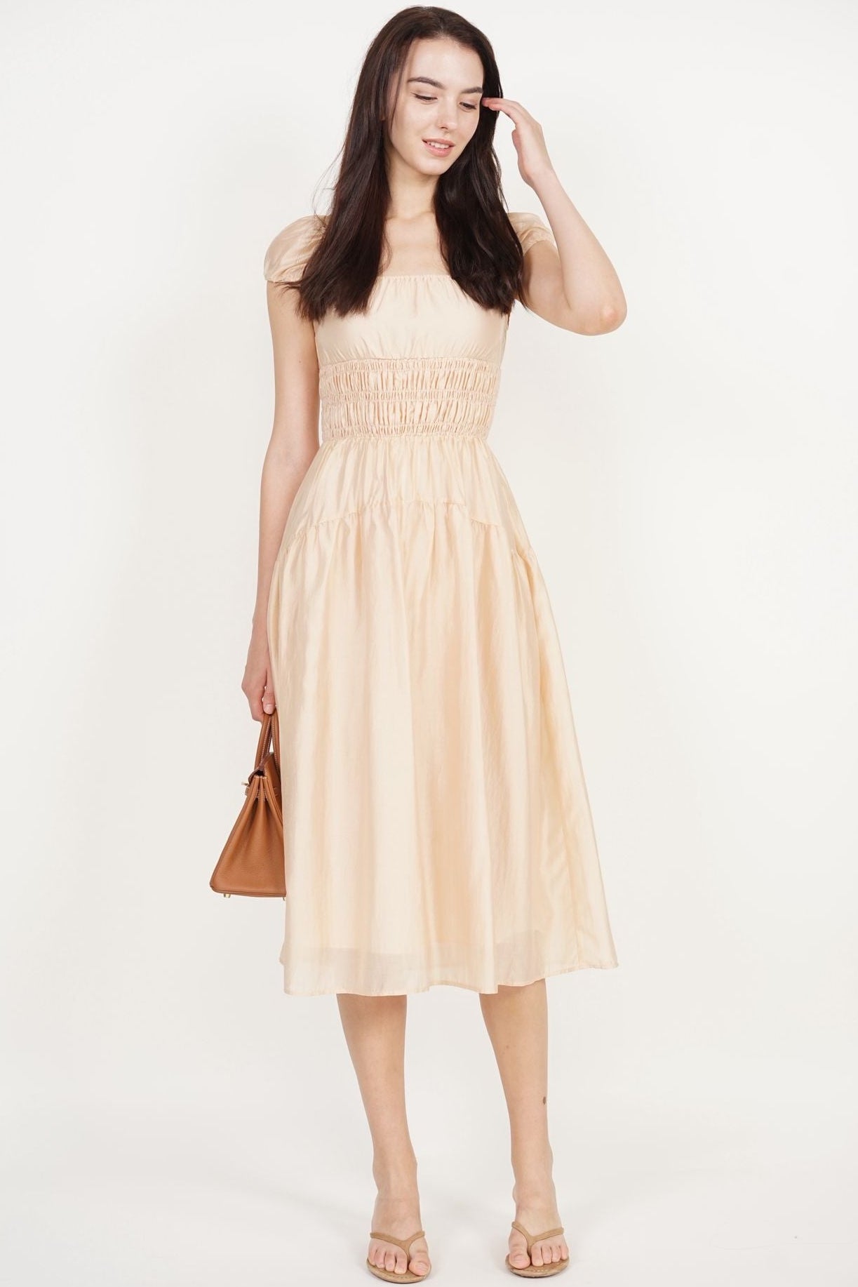 Short Sleeve Smocked Flare Dress in Light Apricot
