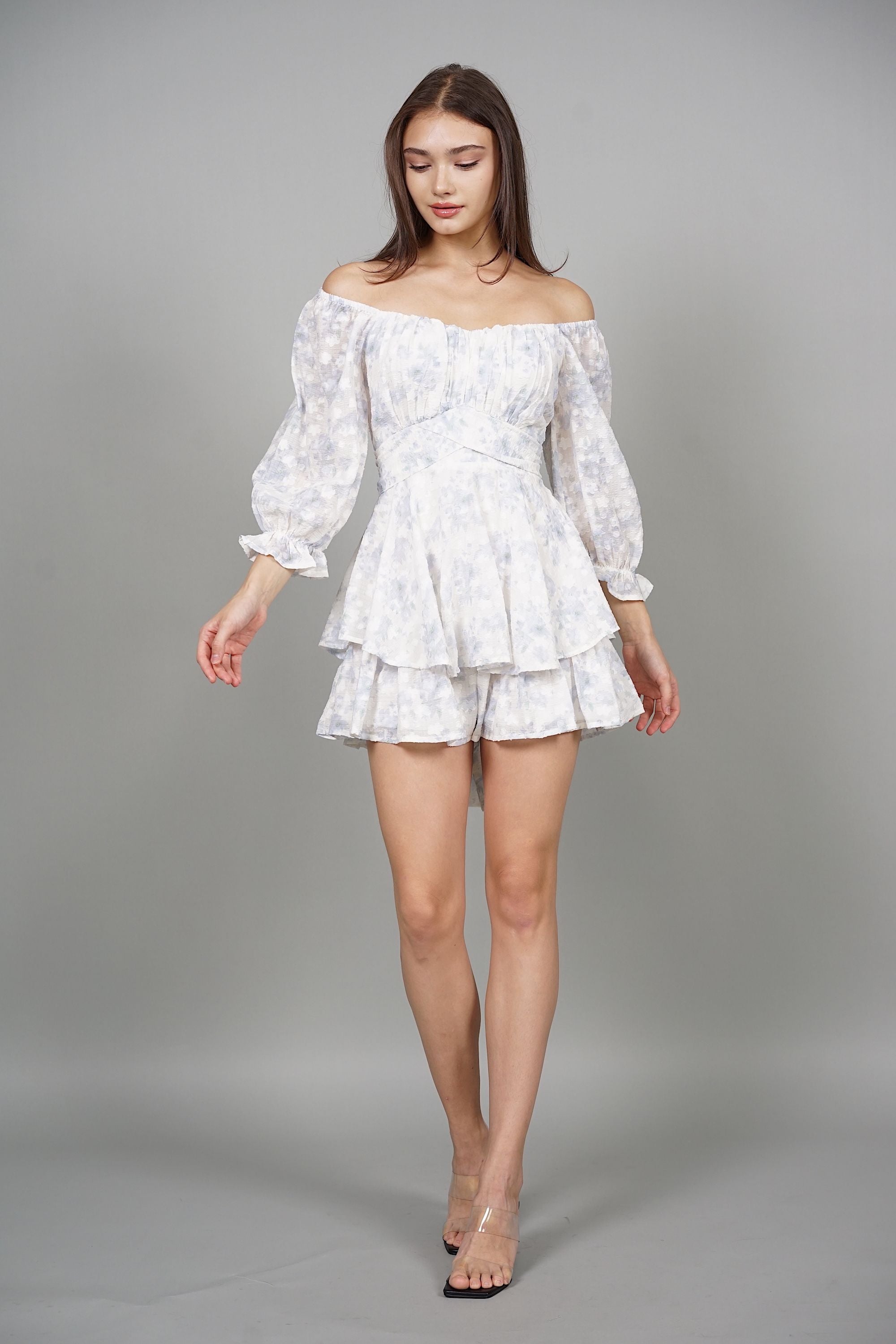 Renee Puffy Ruffled Romper in Blue Floral