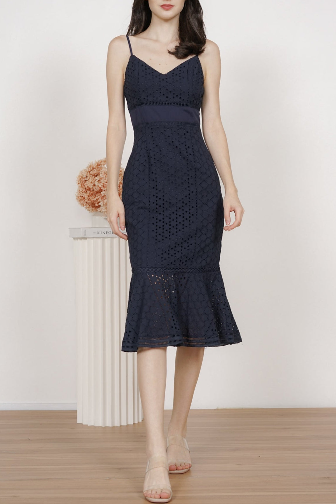 Mayble Ruffled-Hem Dress in Midnight Eyelet