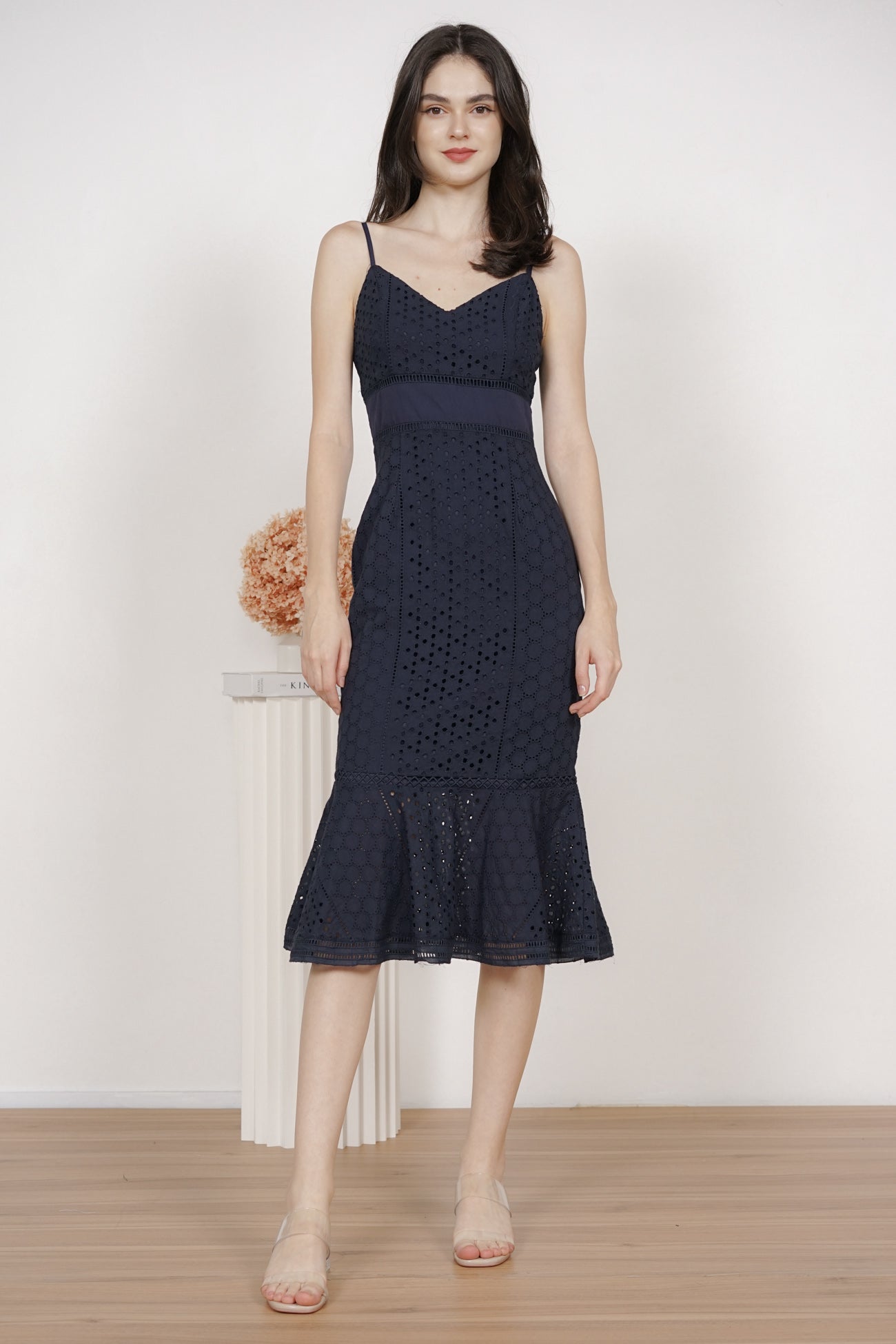 Mayble Ruffled-Hem Dress in Midnight Eyelet