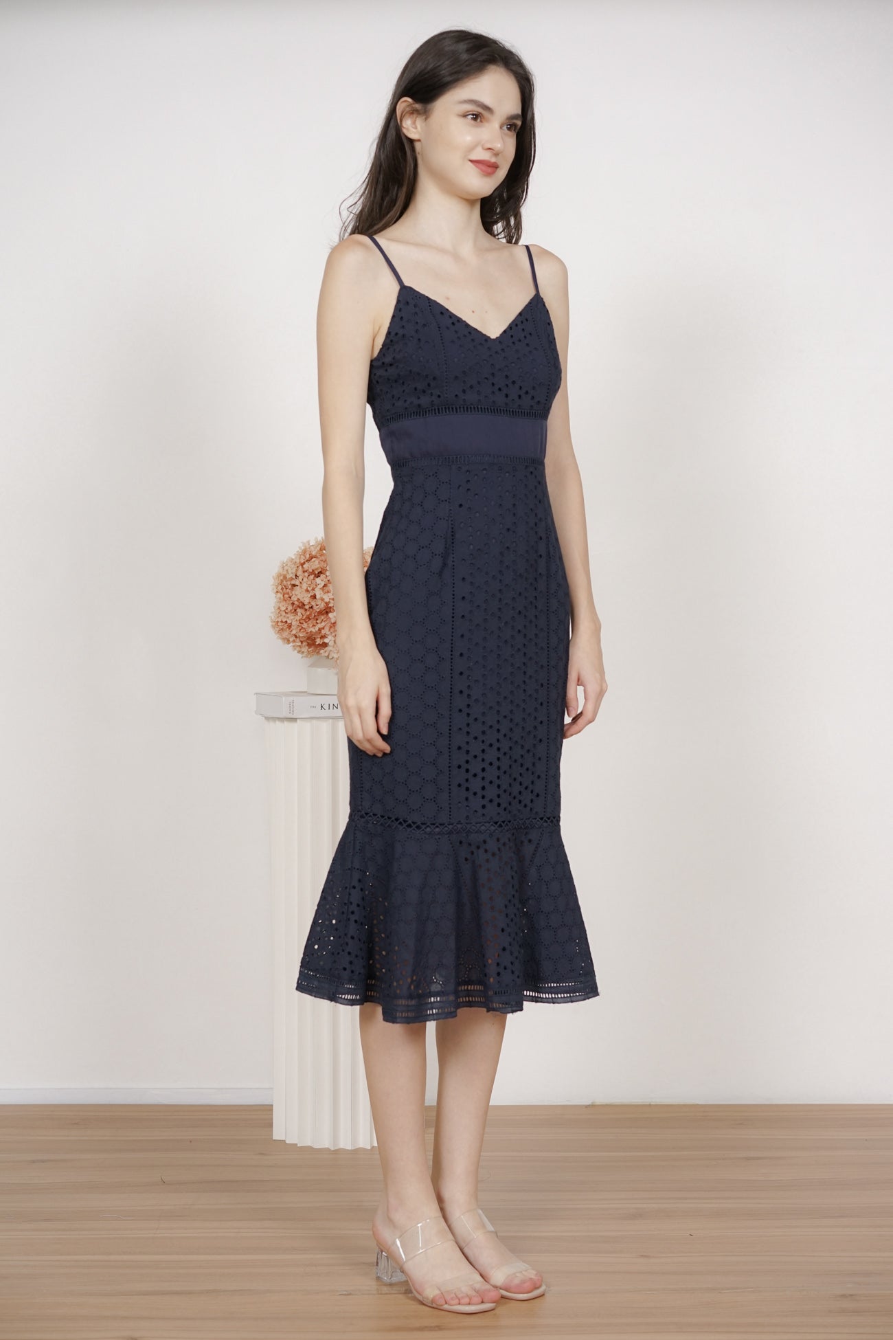 Mayble Ruffled-Hem Dress in Midnight Eyelet