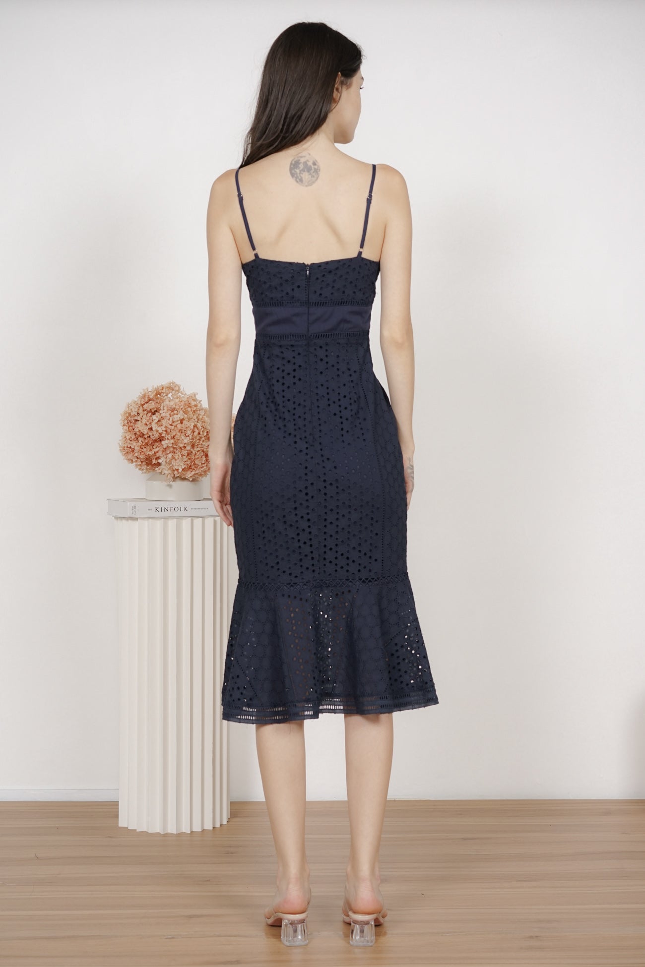 Mayble Ruffled-Hem Dress in Midnight Eyelet